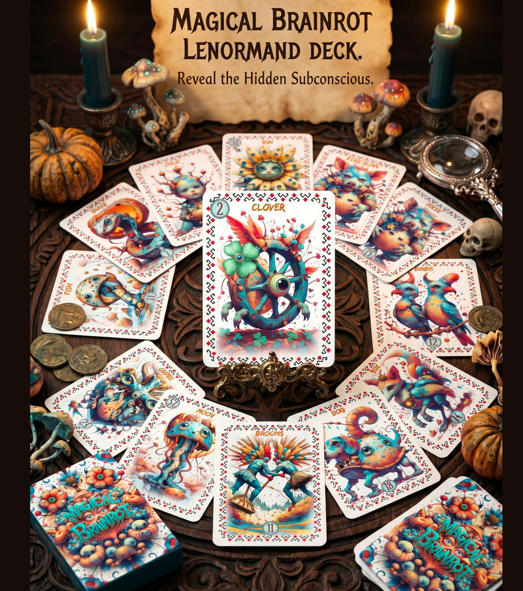 Clover card center circle reading spread on carved wood table — Magical Brainrot Lenormand 14 monster oracle cards witchy Halloween altar divination