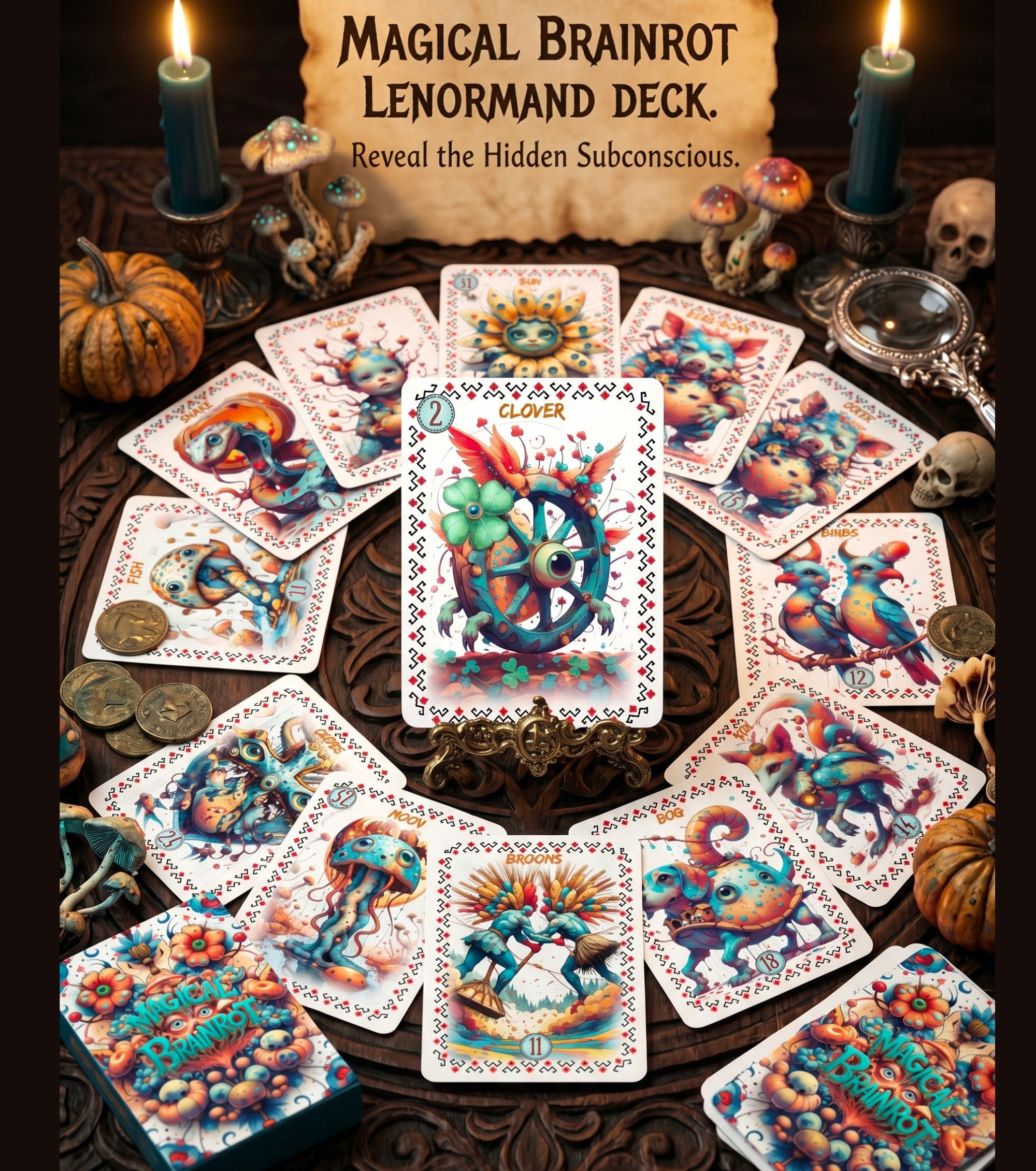 Clover card center circle reading spread on carved wood table — Magical Brainrot Lenormand 14 monster oracle cards witchy Halloween altar divination