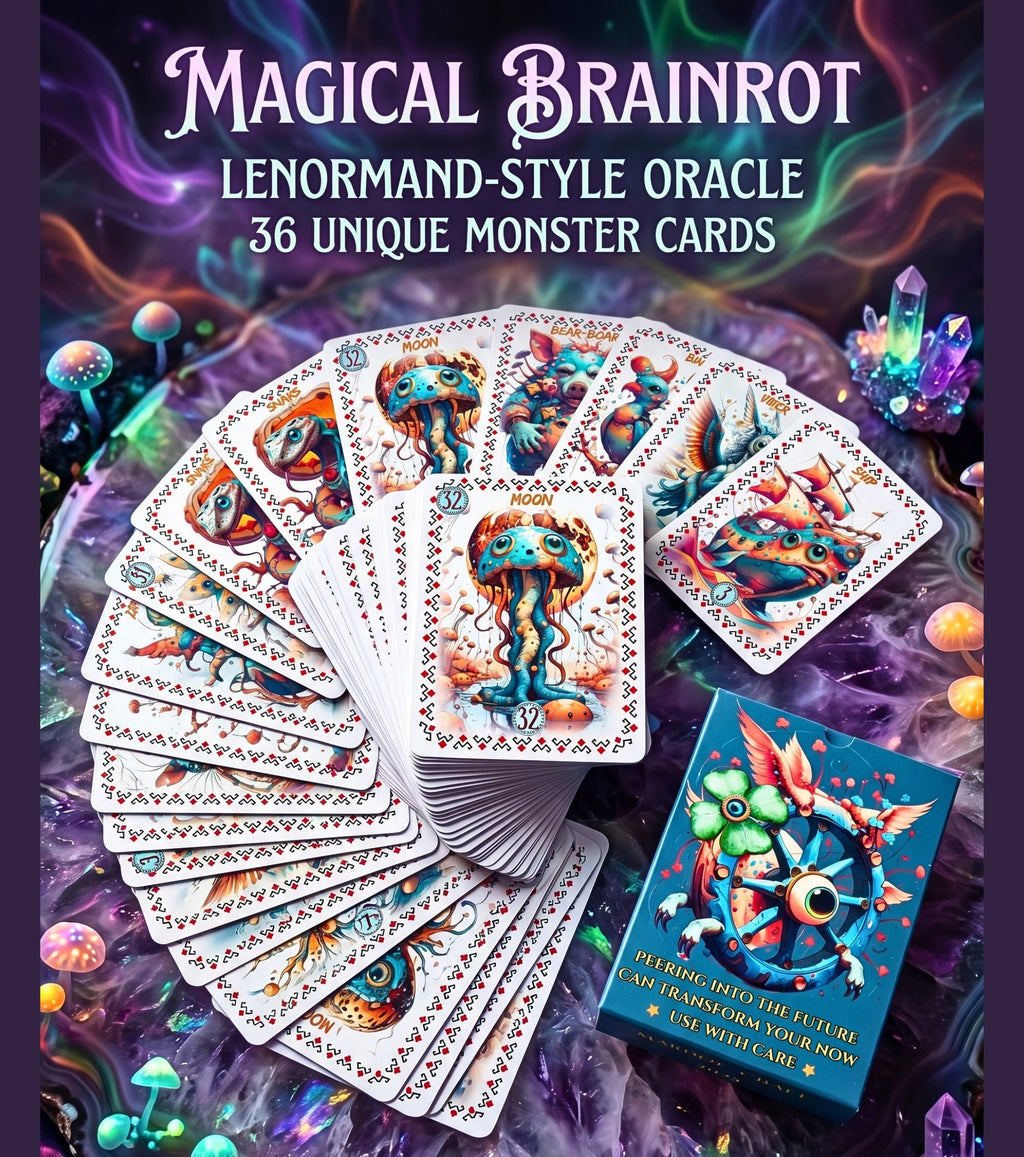 Fan of 36 monster cards spread on crystal mushroom background — Magical Brainrot Lenormand-style oracle quirky surreal divination deck handmade