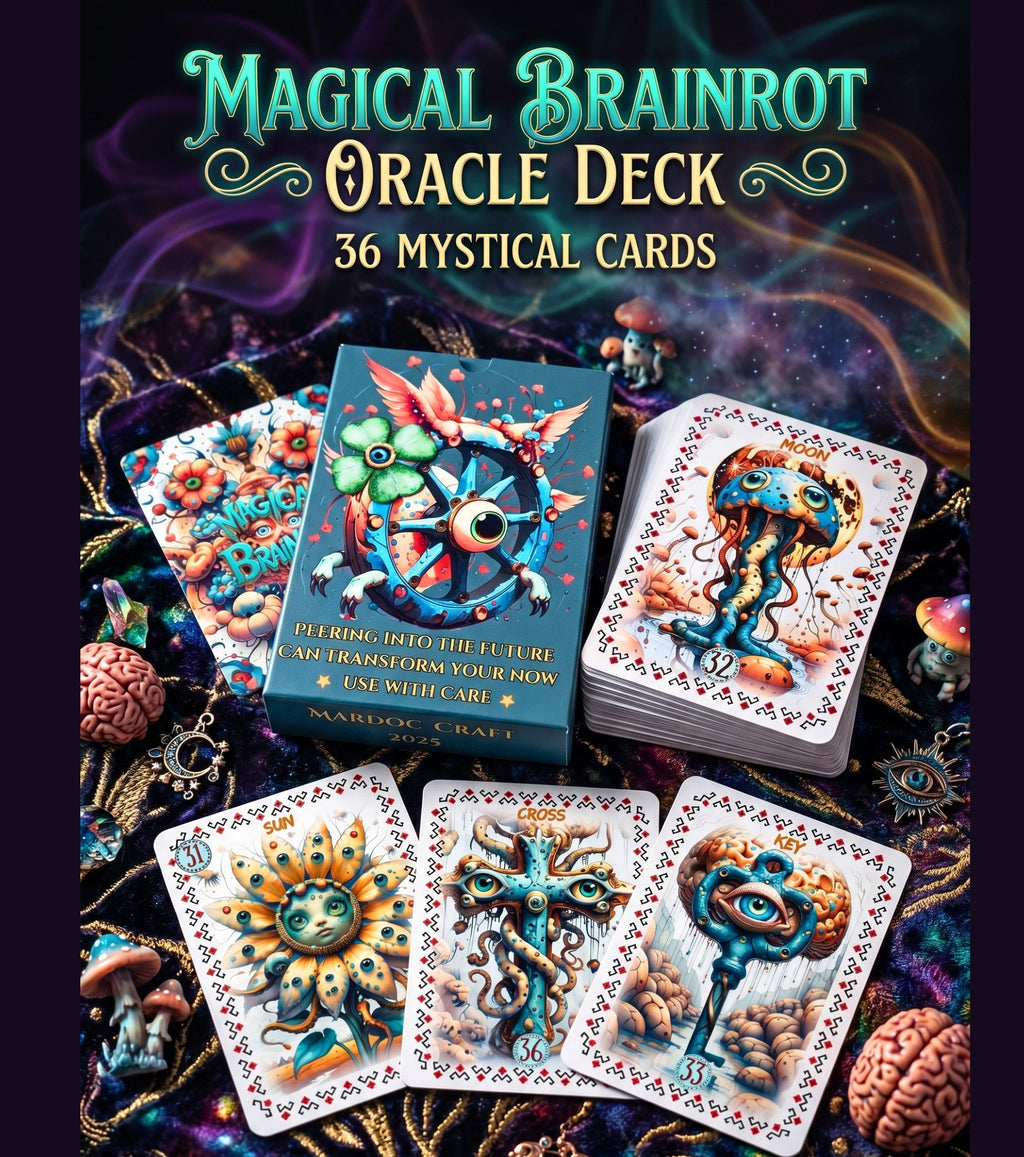 Oracle deck box with Moon card stack and Sun Cross Key cards close-up — Magical Brainrot 36 mystical cards surreal monster Lenormand oracle
