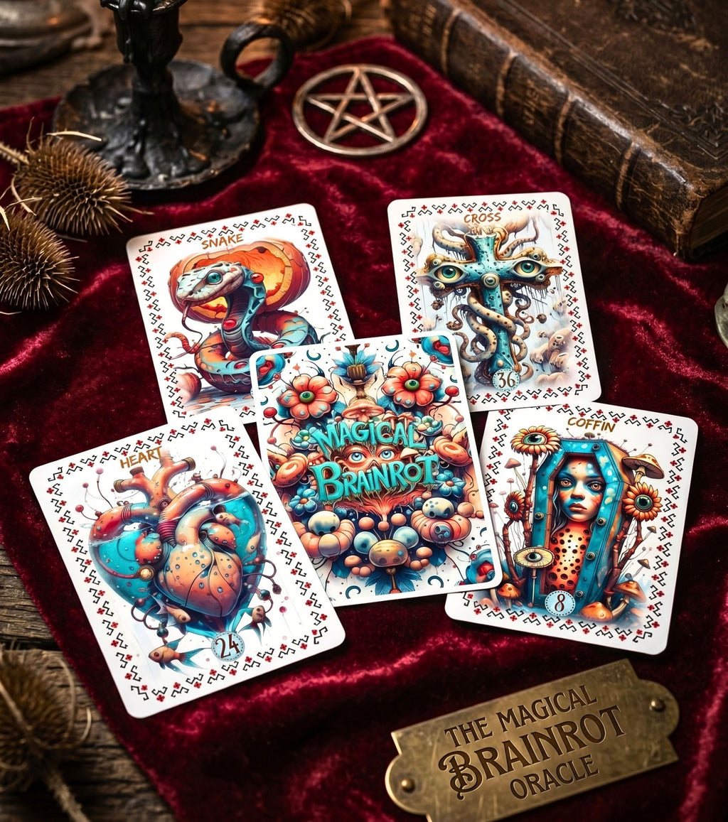 Five card spread Snake Cross Heart Coffin on crimson velvet — Magical Brainrot Lenormand oracle with pentagram witchy dark academia divination