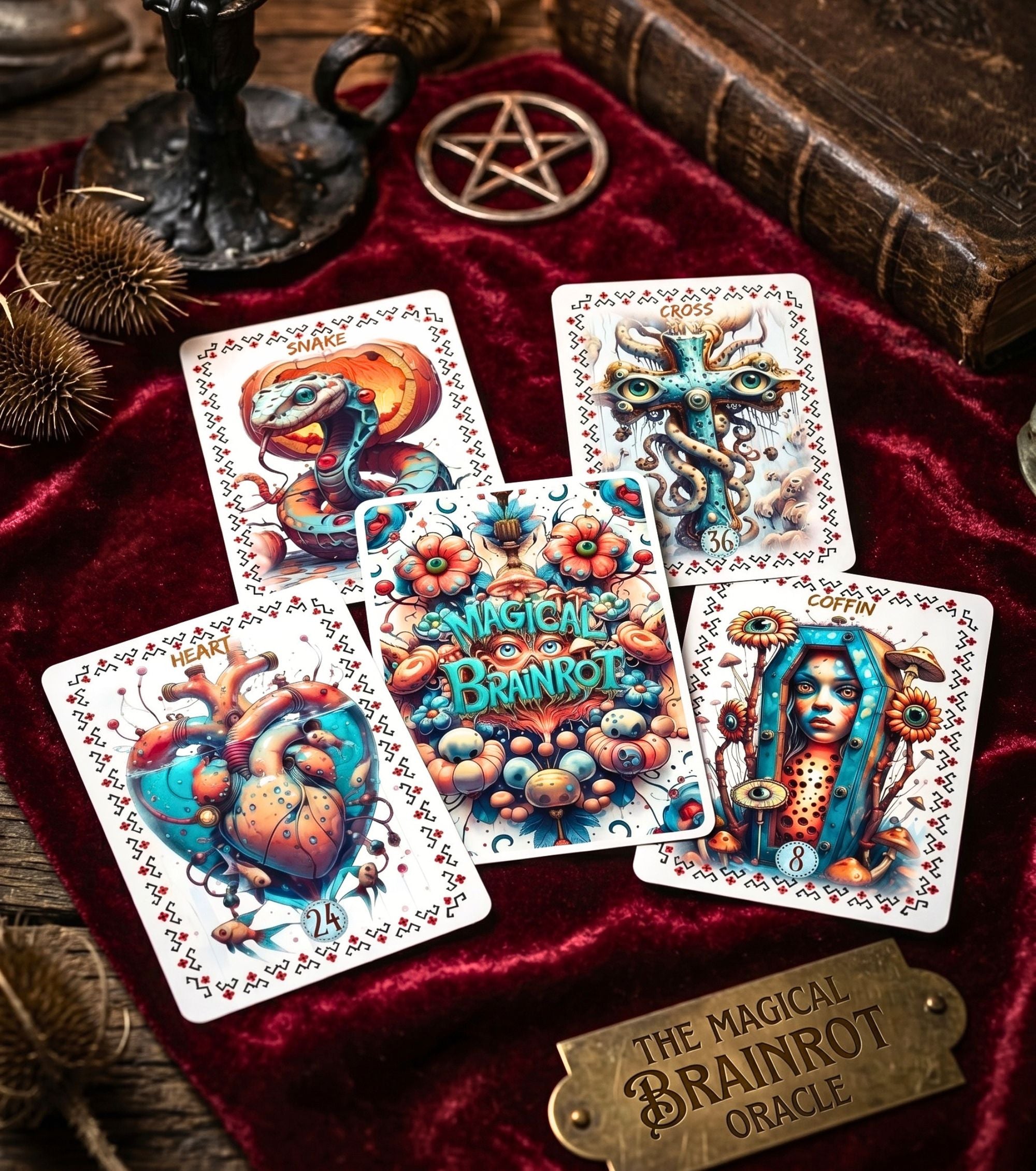 Five card spread Snake Cross Heart Coffin on crimson velvet — Magical Brainrot Lenormand oracle with pentagram witchy dark academia divination