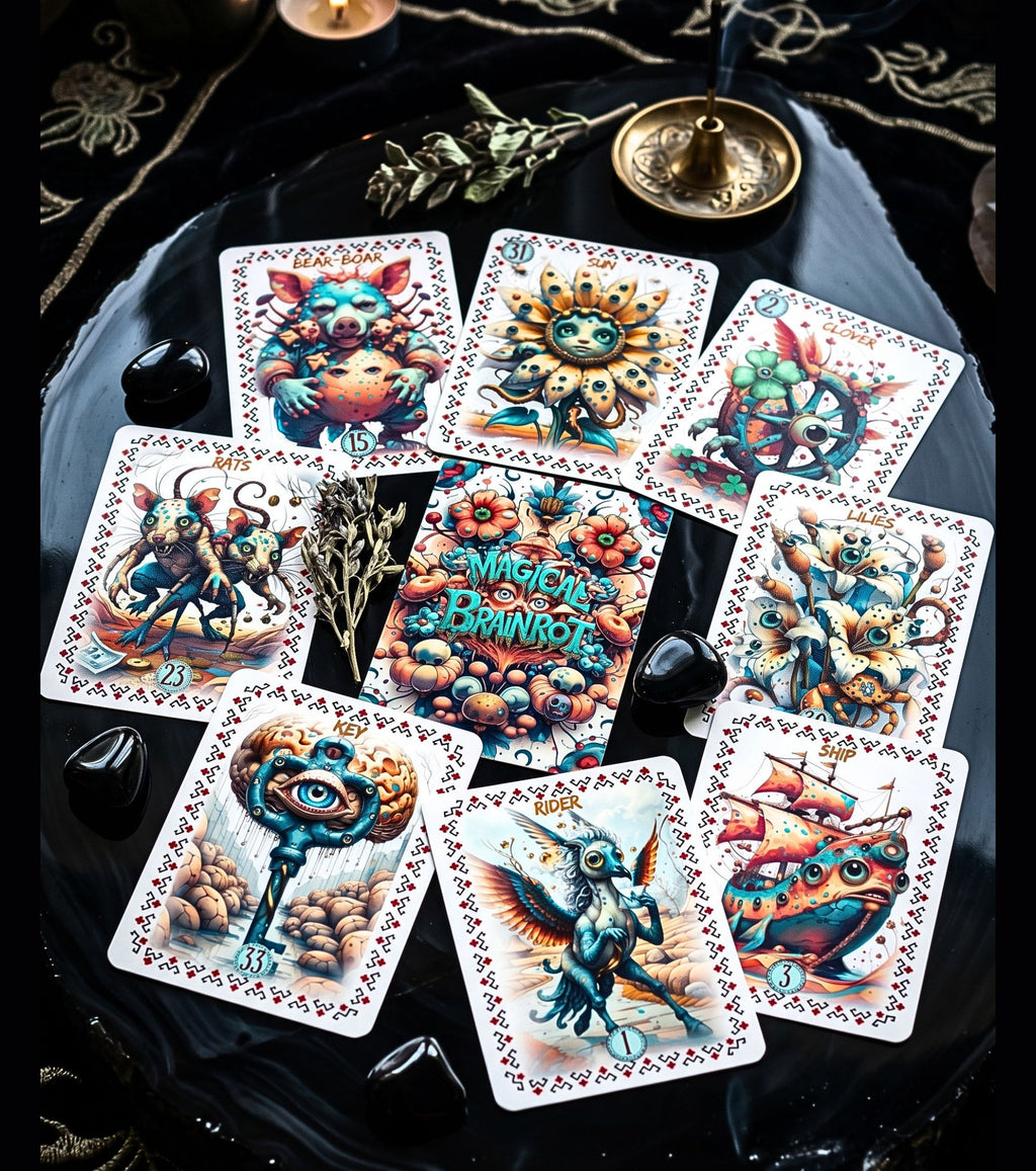 Nine Magical Brainrot Lenormand cards spread in circle on black slate — Bear Sun Rider Ship Key monster oracle quirky divination flat lay