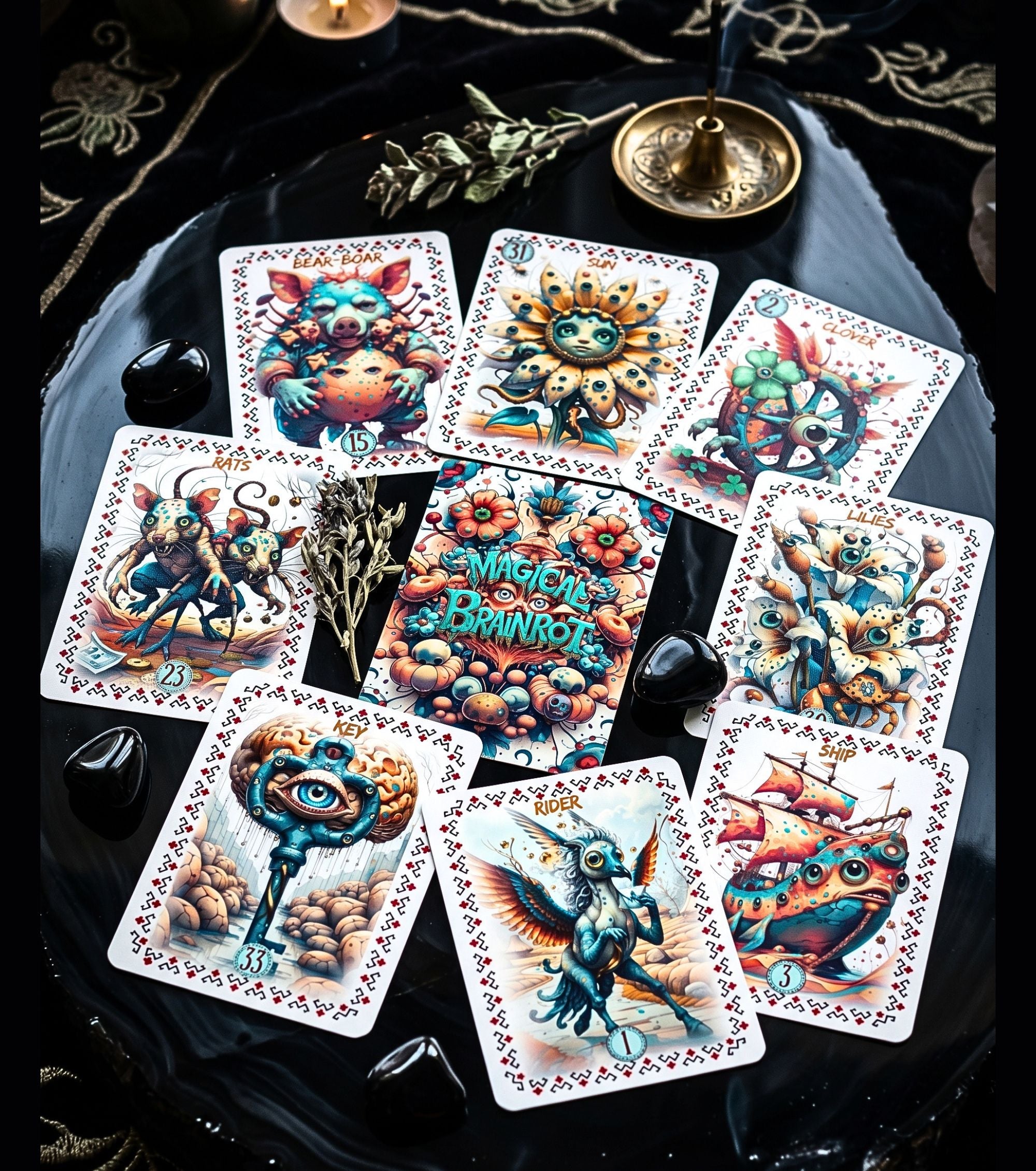 Nine Magical Brainrot Lenormand cards spread in circle on black slate — Bear Sun Rider Ship Key monster oracle quirky divination flat lay