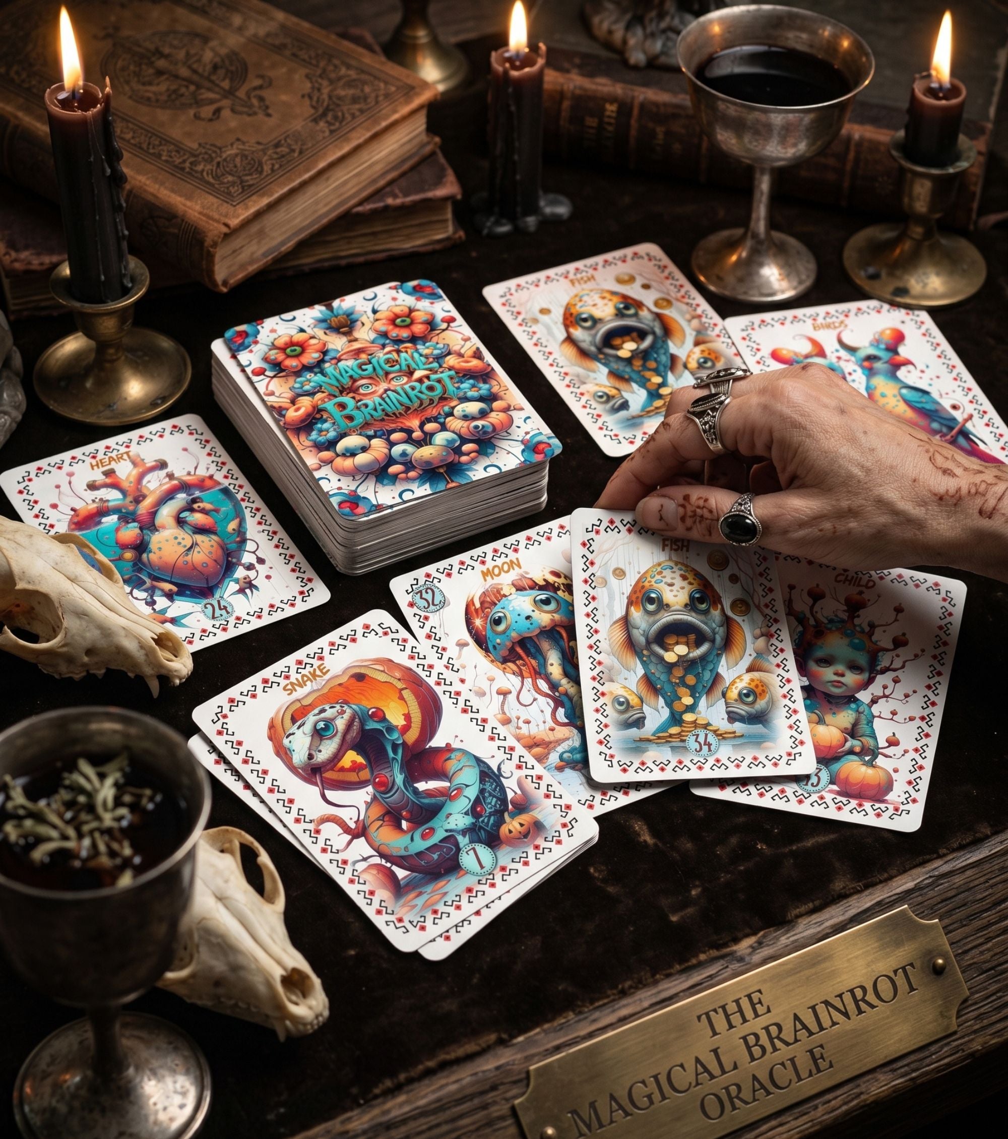 Ring-adorned hand dealing Snake Moon Fish Child cards on dark wood — Magical Brainrot Lenormand reading session with skull candles and grimoire