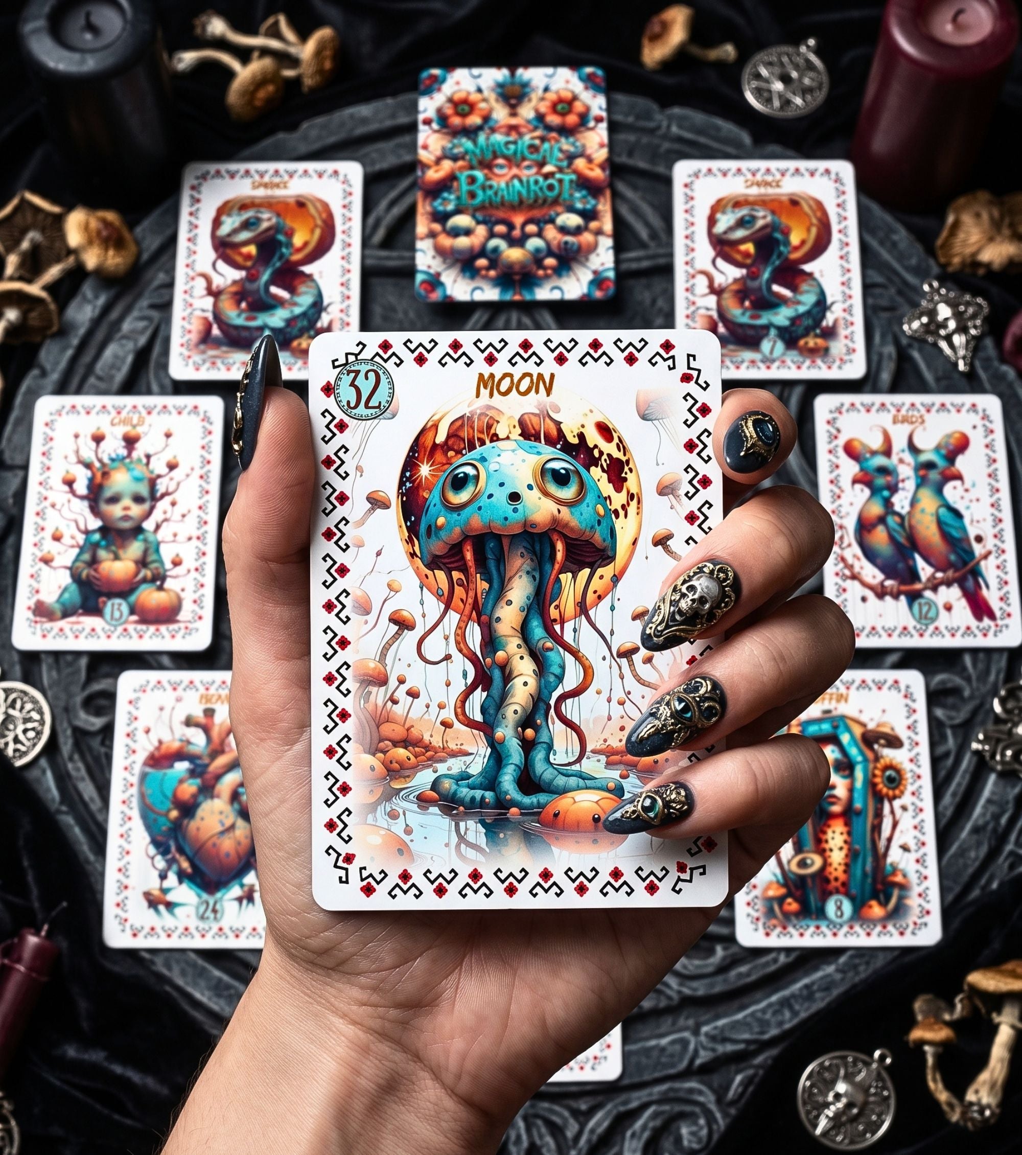 Hand holding Moon jellyfish card over circle spread — Magical Brainrot Lenormand Child Snake Birds Coffin cards on stone tray witchy divination oracle