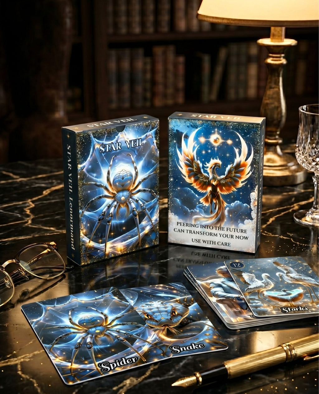 Dark academia desk with Star Veil Extended Lenormand — Spider, Snake, Storks cards, brass lamp and reading glasses, handmade oracle MardocCraft