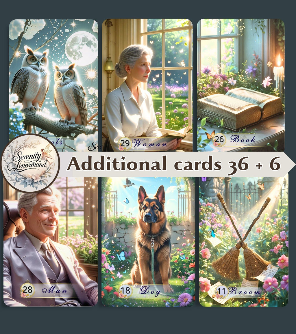 Serenity Lenormand by MardokCraft: 36+6 additional cards preview. Owls, Woman, Book, Man, Dog, and Broom cards in ethereal floral style