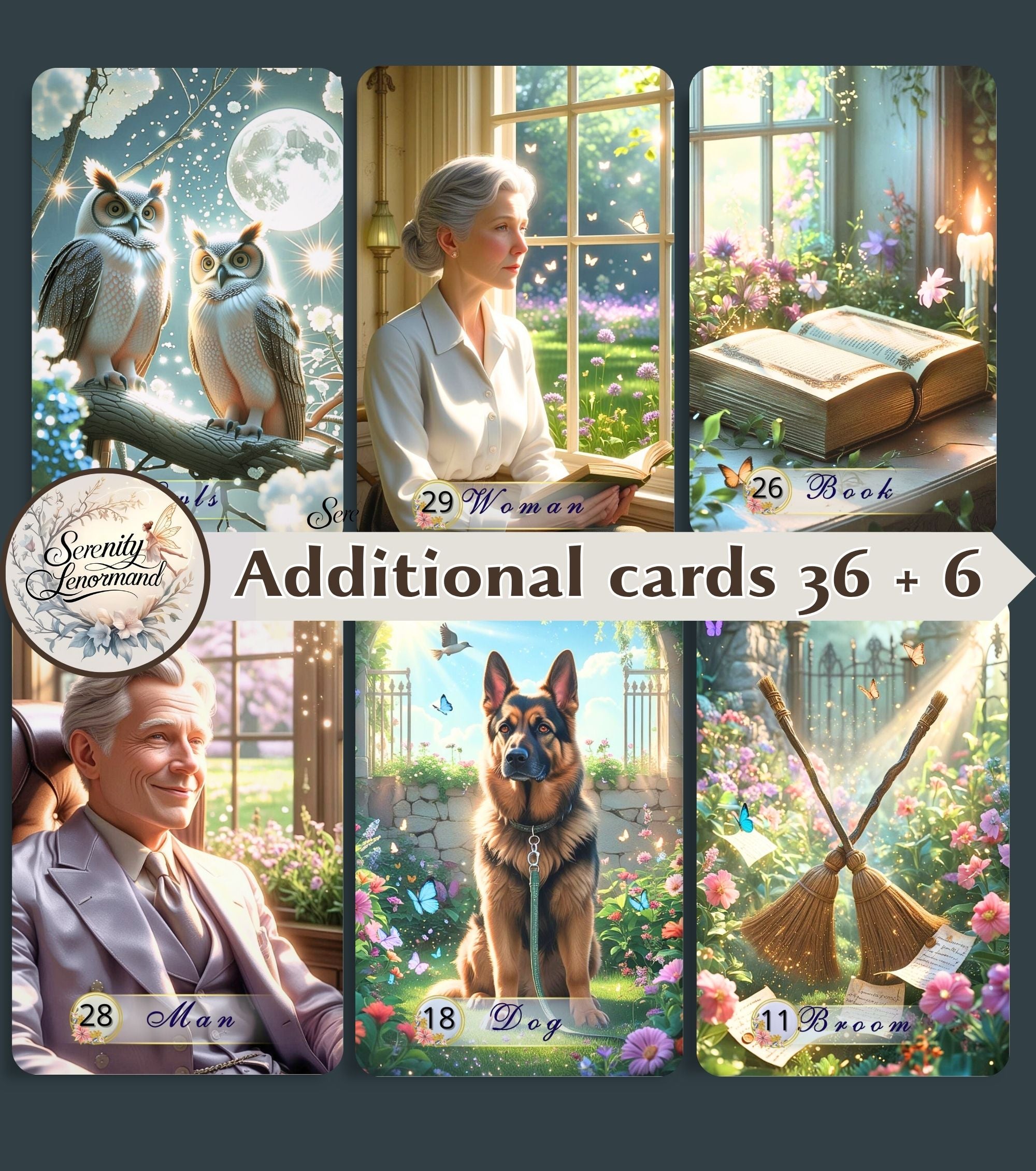Serenity Lenormand by MardokCraft: 36+6 additional cards preview. Owls, Woman, Book, Man, Dog, and Broom cards in ethereal floral style