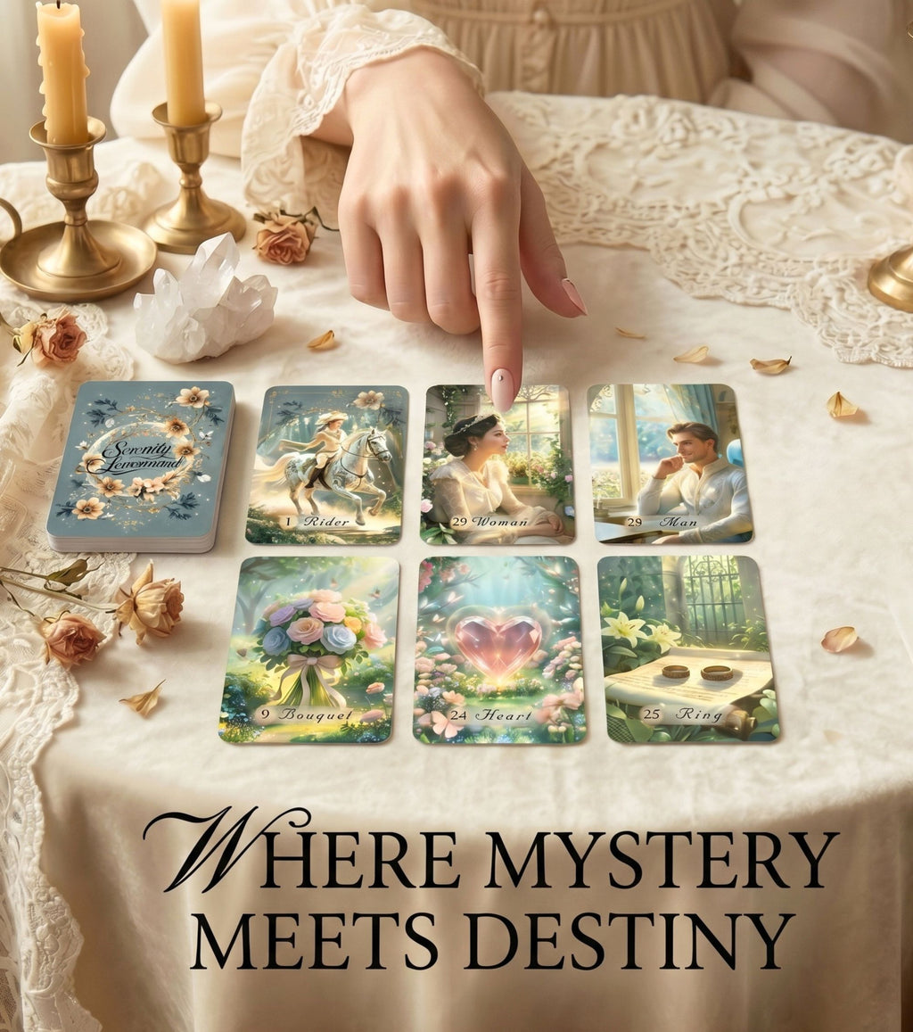 Serenity Lenormand by MardokCraft: 6-card spread with Rider, Woman, Man, Bouquet, Heart, and Ring. Hand pointing to Woman card for love reading