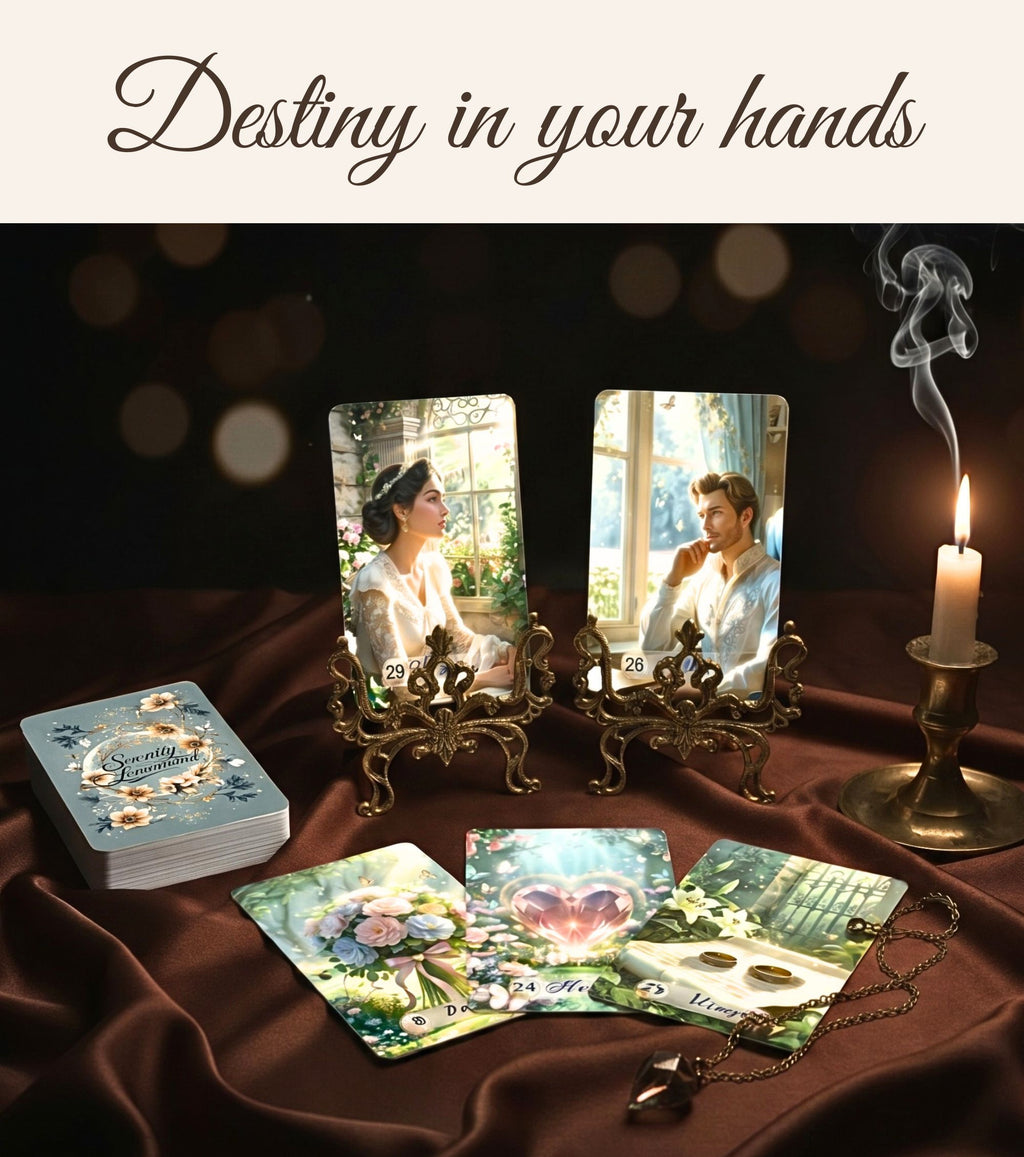 Serenity Lenormand by MardokCraft: Love reading spread with Man, Woman, Heart, and Ring cards on brown silk with a candle and crystals