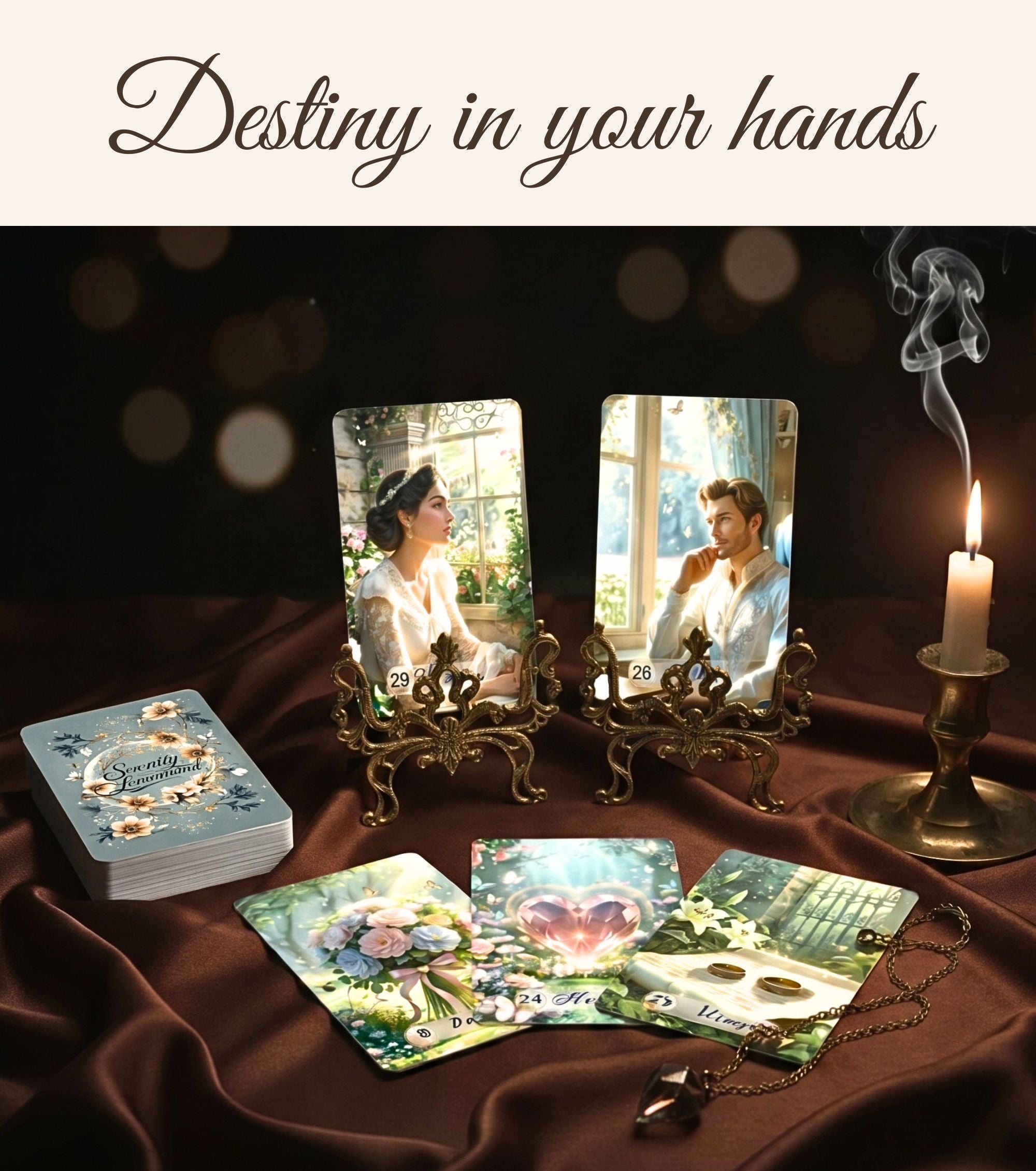 Serenity Lenormand by MardokCraft: Love reading spread with Man, Woman, Heart, and Ring cards on brown silk with a candle and crystals