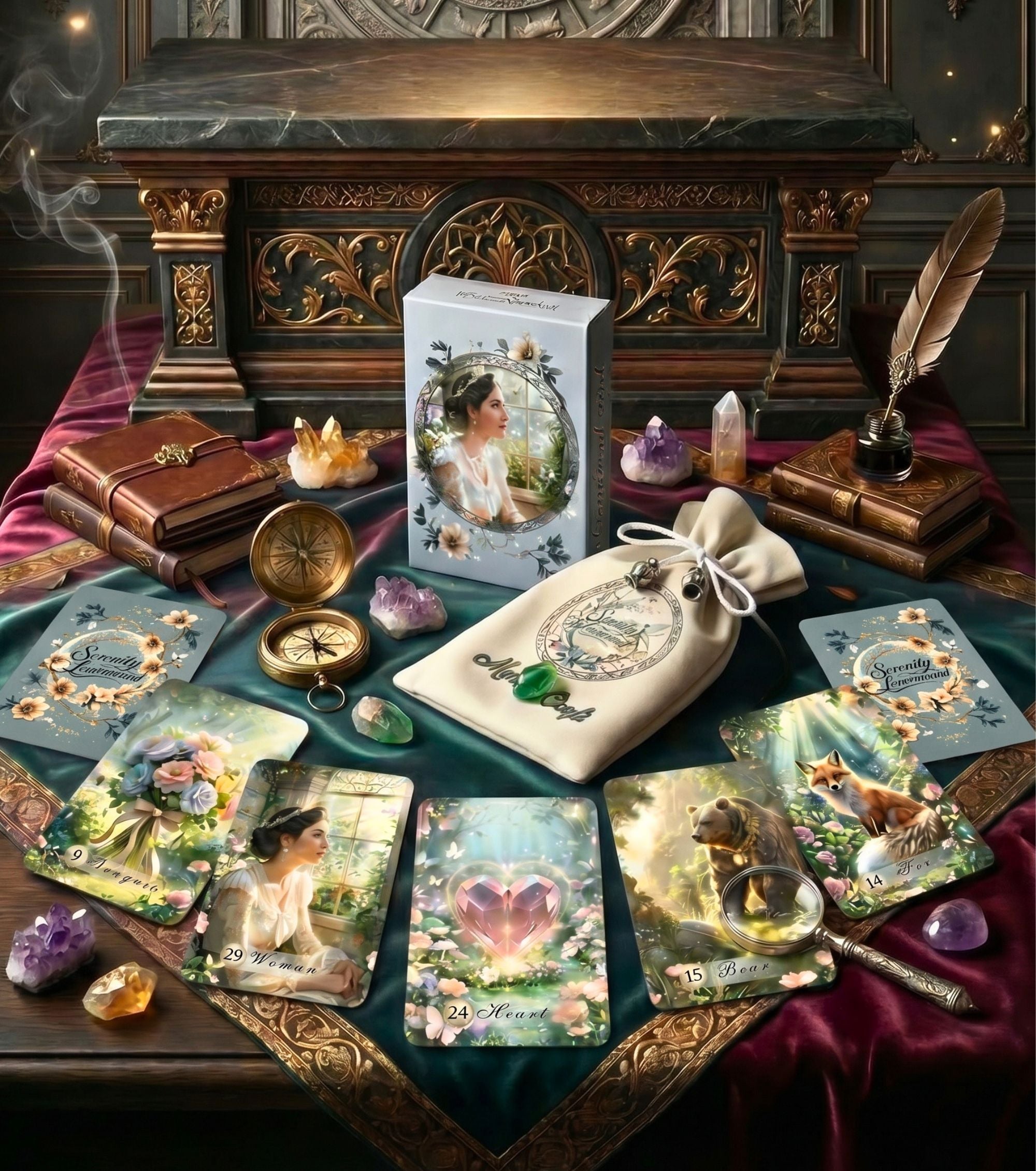 Serenity Lenormand deck by MardokCraft on a mystical altar with Bouquet, Heart, Bear, and Fox cards, crystals, pouch, and vintage compass