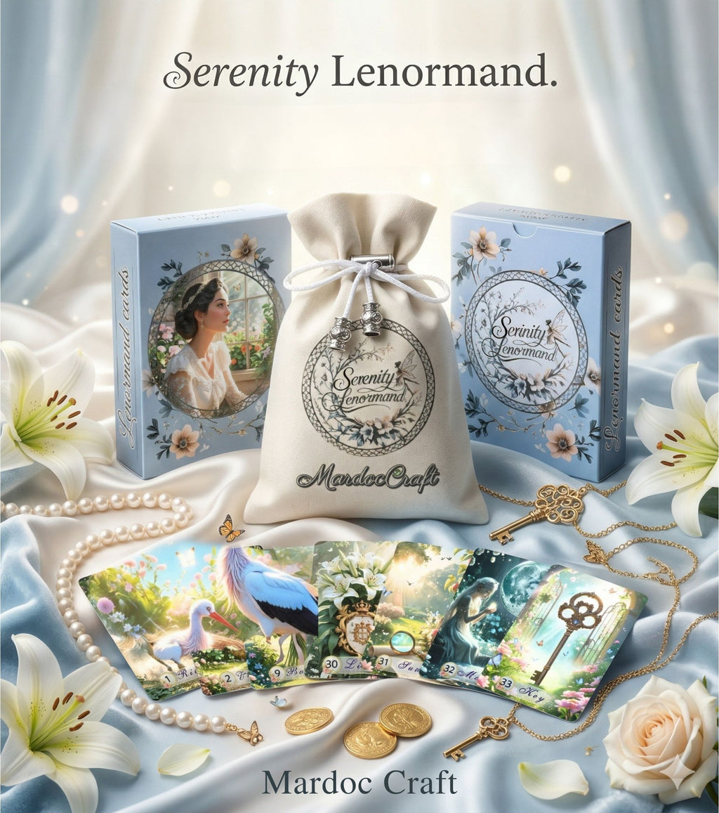 Serenity Lenormand by MardokCraft: deck, box, and pouch. Features Stork, Lily, Sun, Moon, and Key cards with white lilies and pearls. Spiritual oracle set