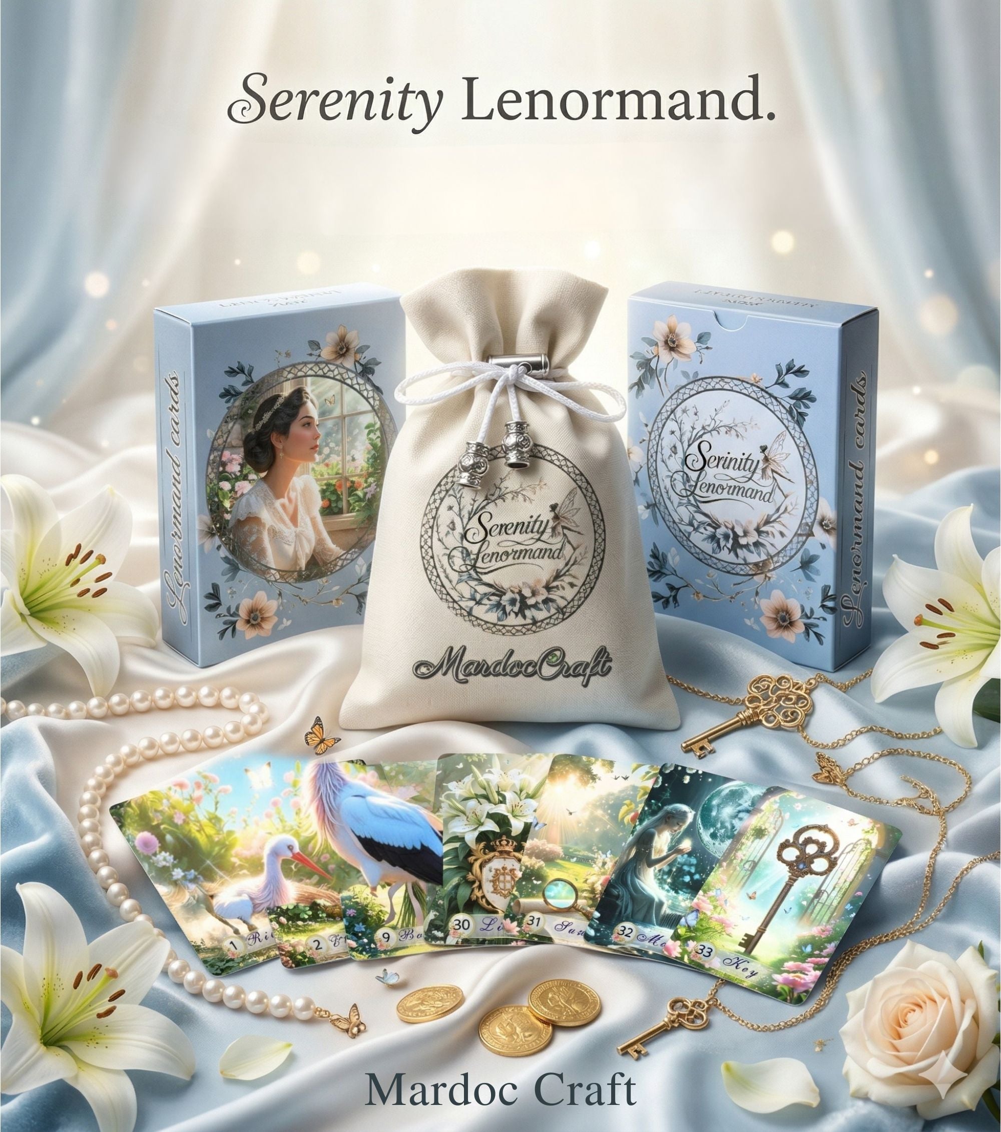 Serenity Lenormand by MardokCraft: deck, box, and pouch. Features Stork, Lily, Sun, Moon, and Key cards with white lilies and pearls. Spiritual oracle set