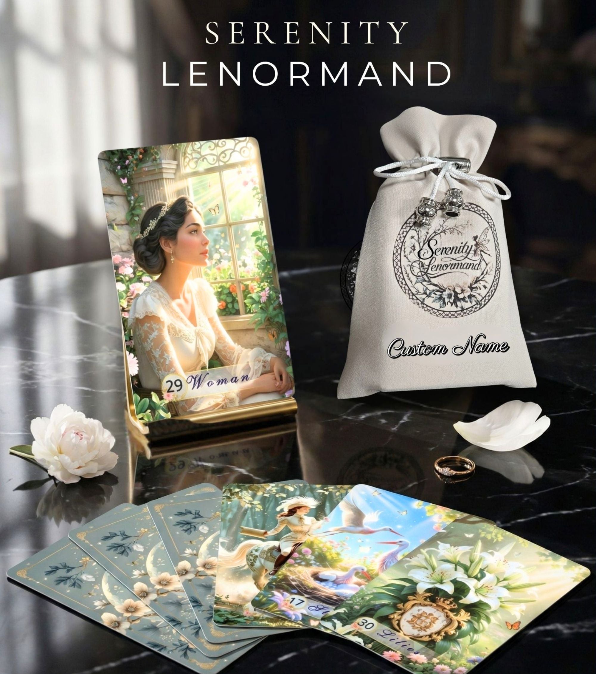 Serenity Lenormand by MardokCraft: Woman and Lilies cards with a personalized custom name pouch on black marble. Unique oracle deck gift for intuition