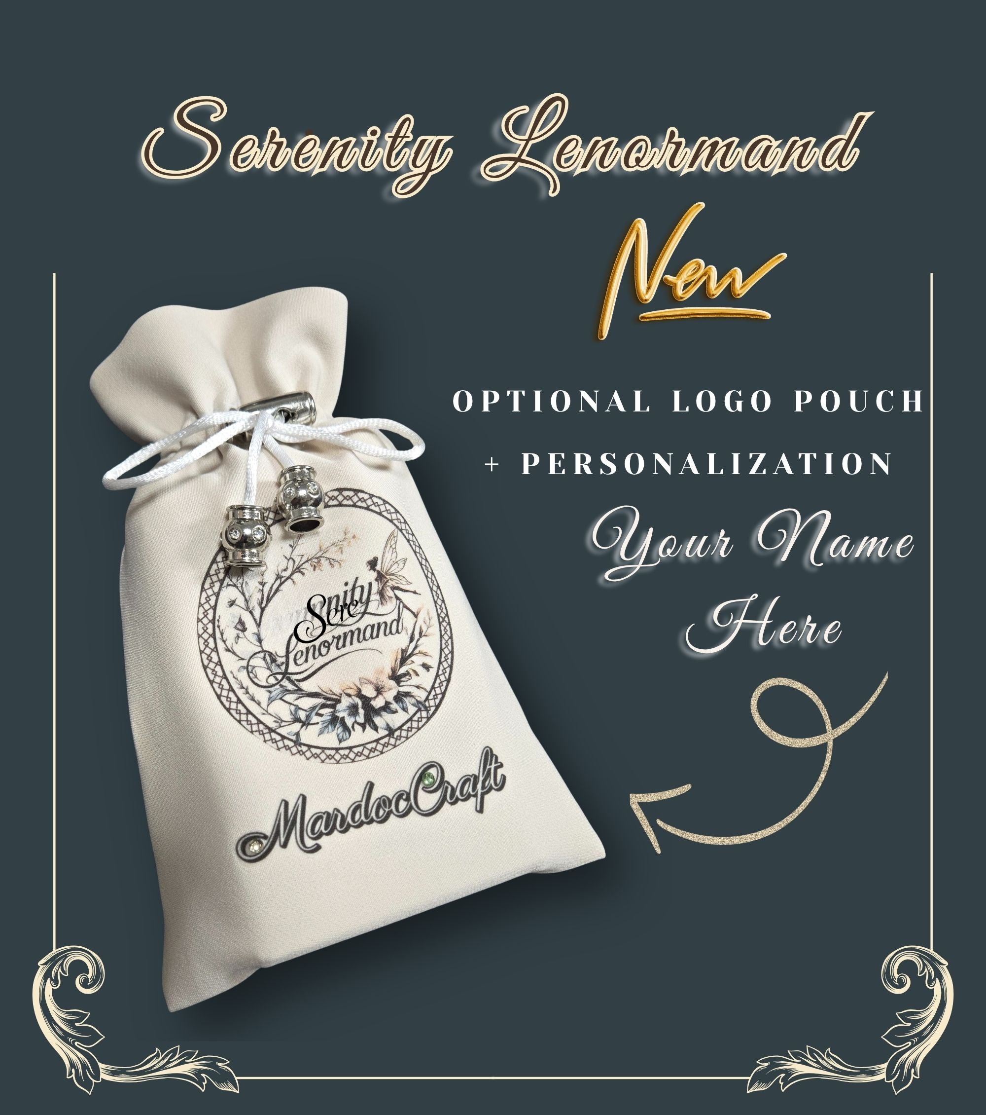 Serenity Lenormand by MardokCraft: Personalized drawstring pouch with optional logo and custom name feature for oracle cards. Perfect spiritual gift