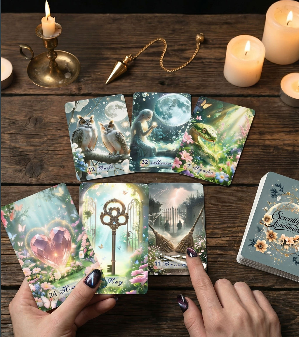 Serenity Lenormand by MardokCraft: Reading with Owls, Moon, Snake, Heart, Key, Brooms on wood with a pendulum. Spiritual oracle deck guidance