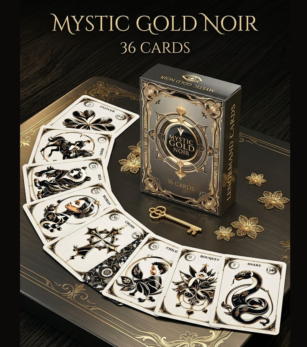 Mystic Gold Noir Lenormand deck 36 cards with box on dark wood surface gothic noir oracle handmade