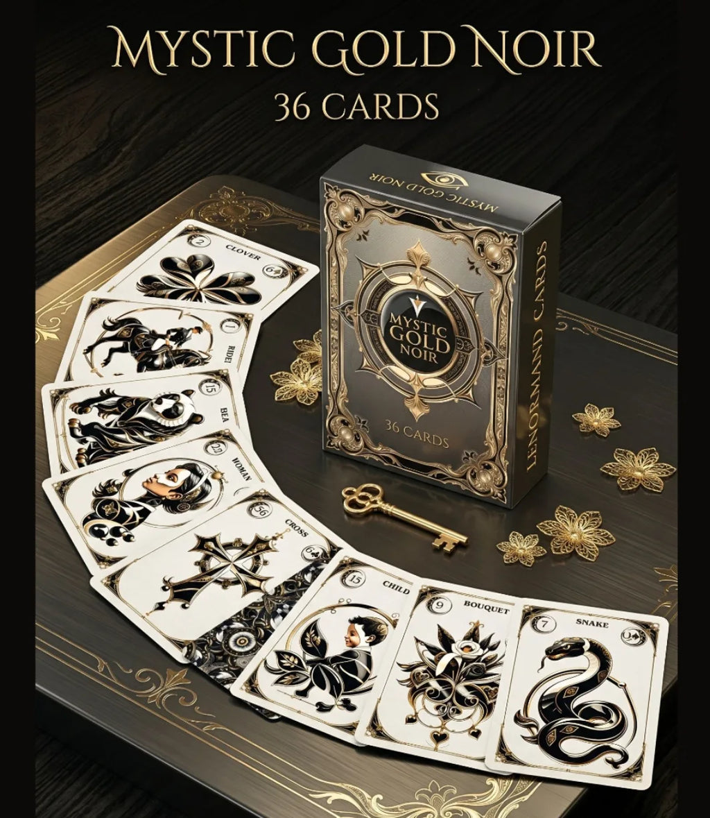 Mystic Gold Noir Lenormand deck 36 cards with box on dark wood surface gothic noir oracle handmade