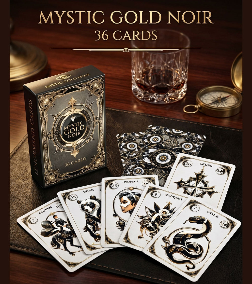 Gothic Lenormand cards fanned out on leather with whiskey glass and compass masculine noir oracle handmade