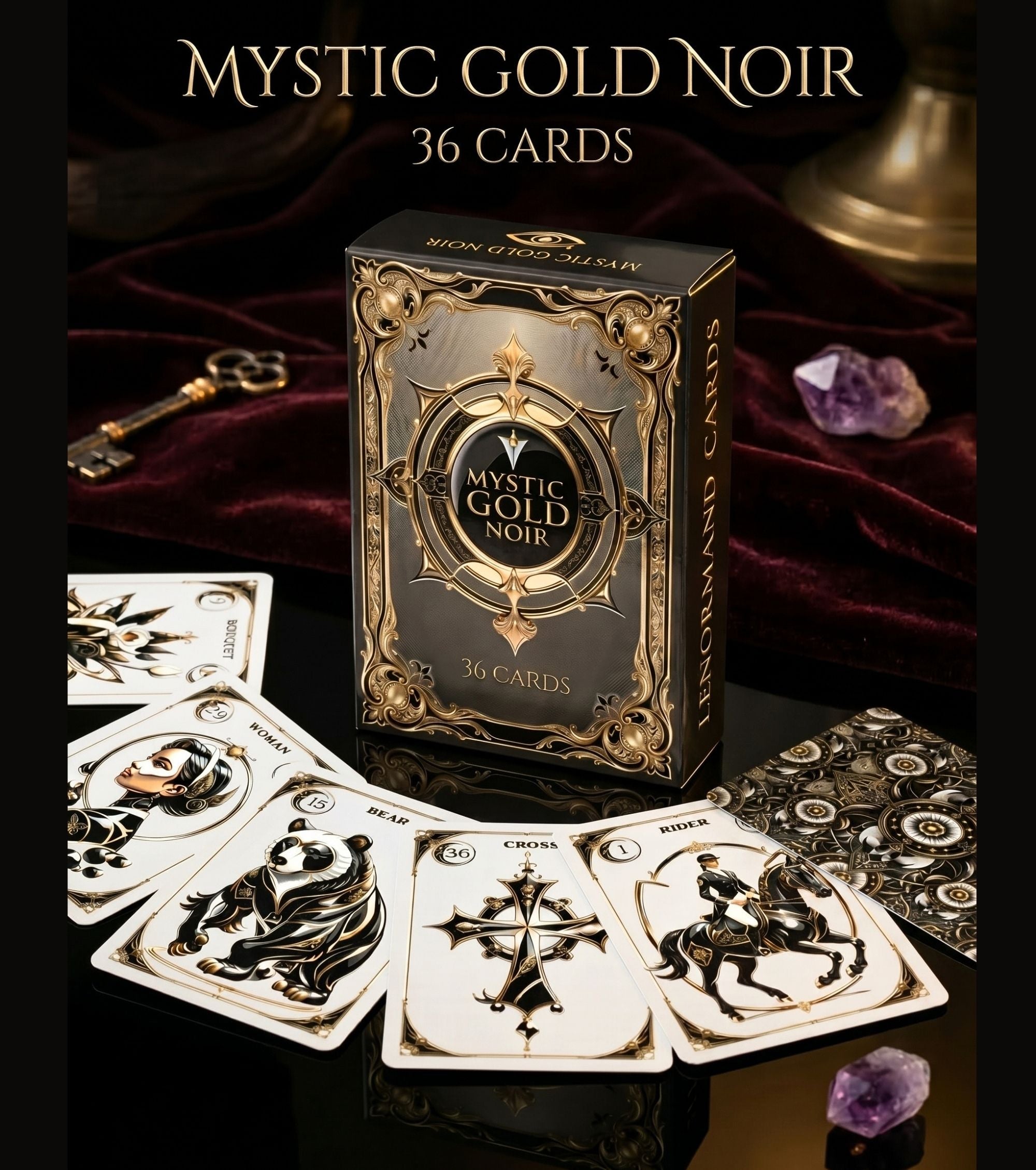 Dark velvet altar with Mystic Gold Noir Lenormand box amethyst crystal and gold key gothic cartomancy deck
