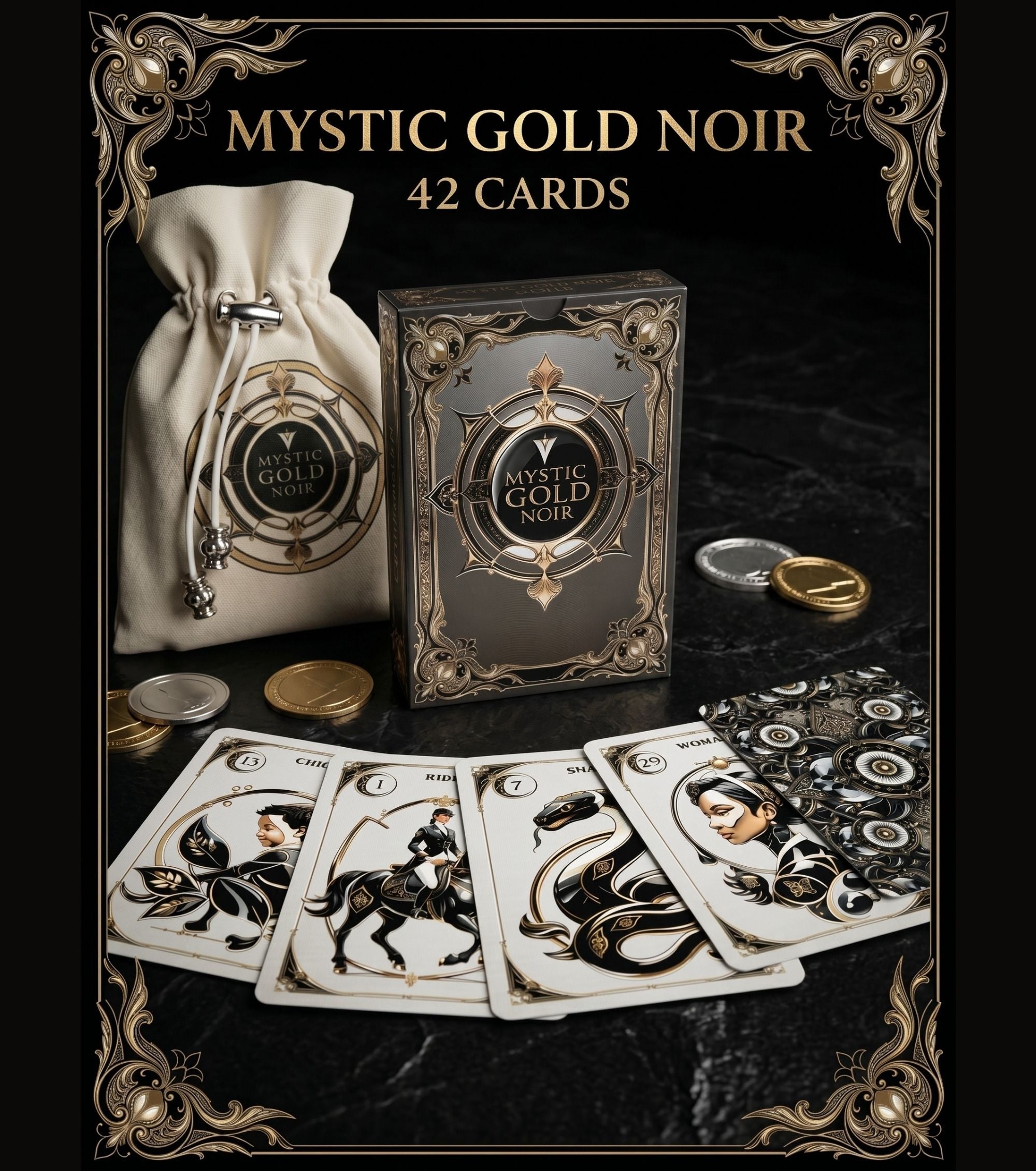 Mystic Gold Noir Lenormand 42 Cards, Personalized Pouch, Gothic Oracle