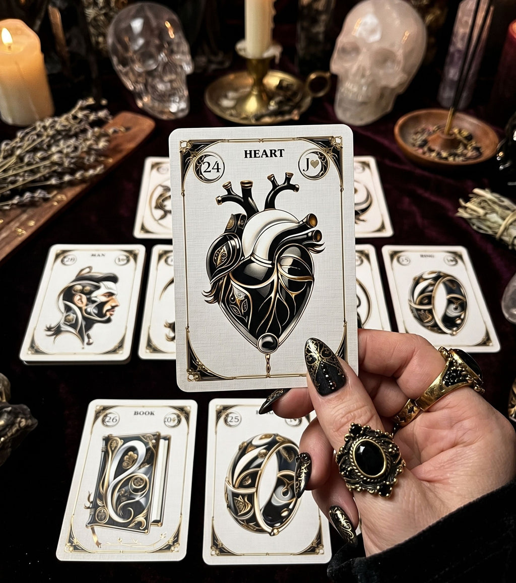 Reading with Mystic Gold Noir Lenormand — Heart card held in hand, gothic oracle divination cards