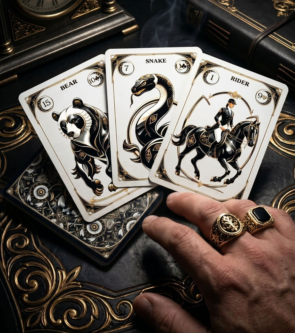 Mans hand with signet rings holding Bear Snake Rider cards from gothic Lenormand noir oracle for shadow work