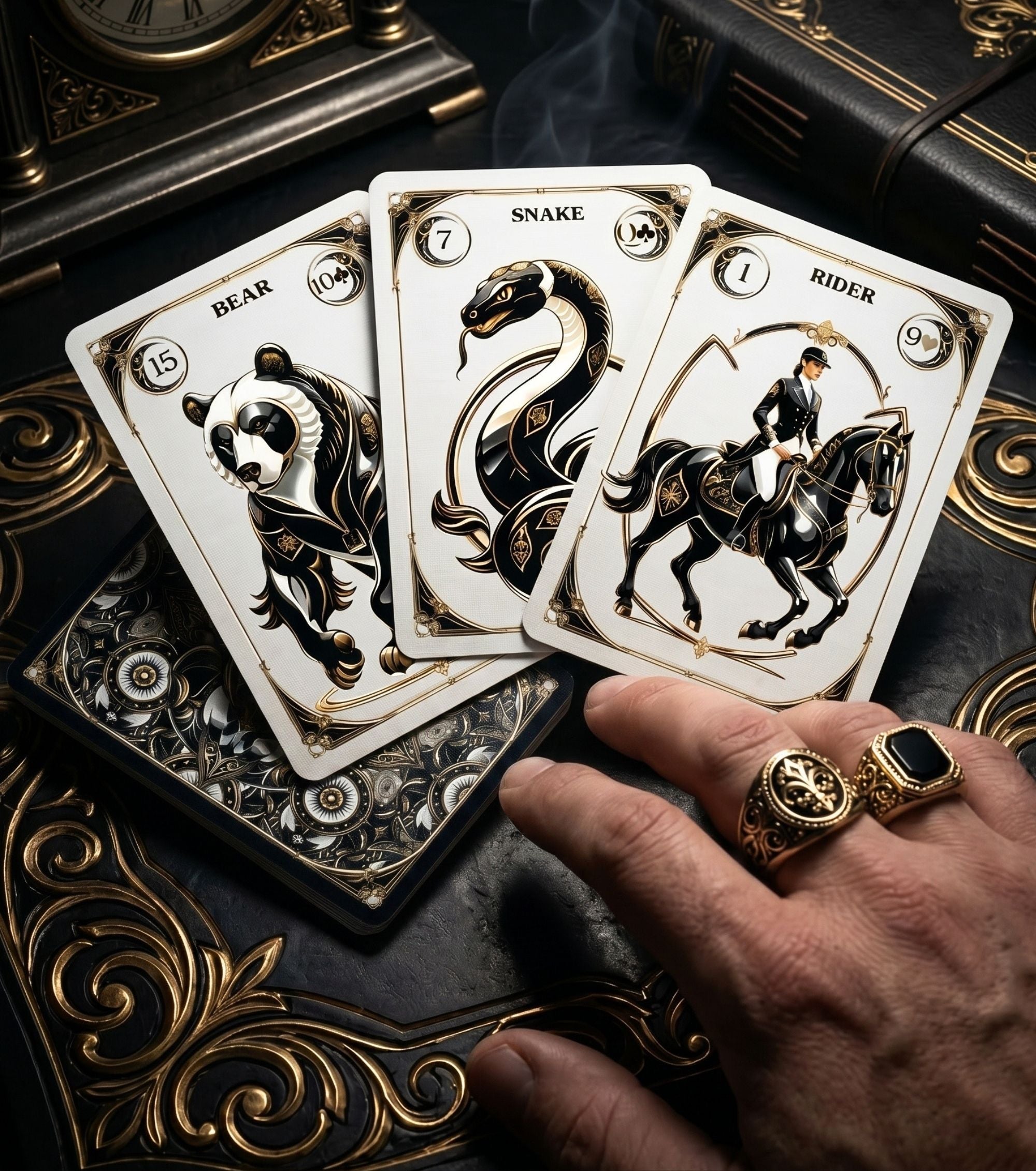 Mans hand with signet rings holding Bear Snake Rider cards from gothic Lenormand noir oracle for shadow work