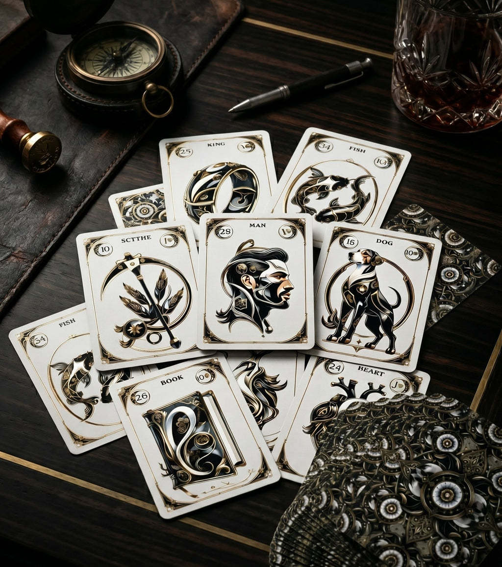 Lenormand cards scattered on dark wood desk with compass pen and whiskey glass masculine gothic cartomancy spread