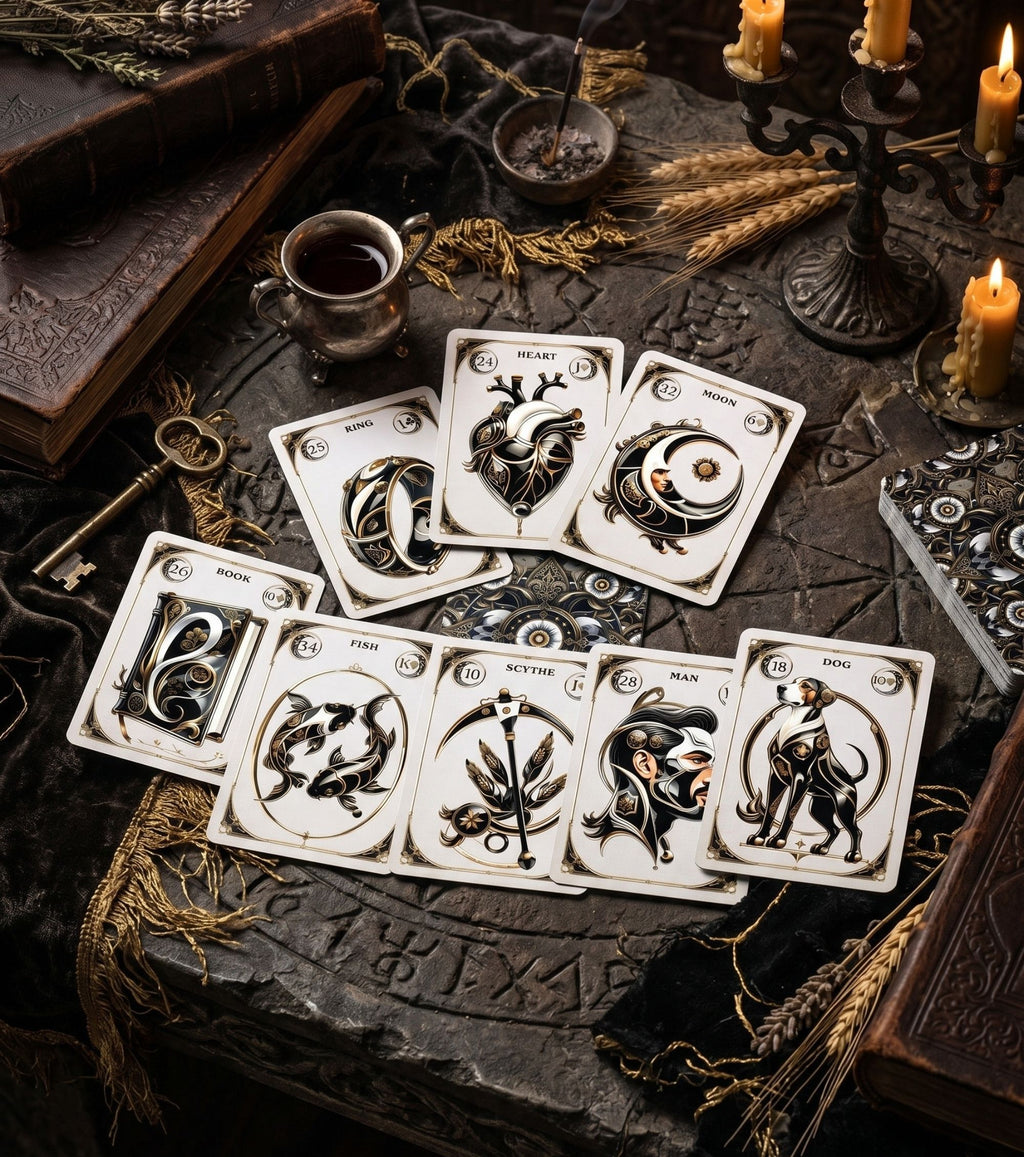 Gothic Lenormand reading spread on runic stone altar with candles ancient book and gold key noir oracle cards