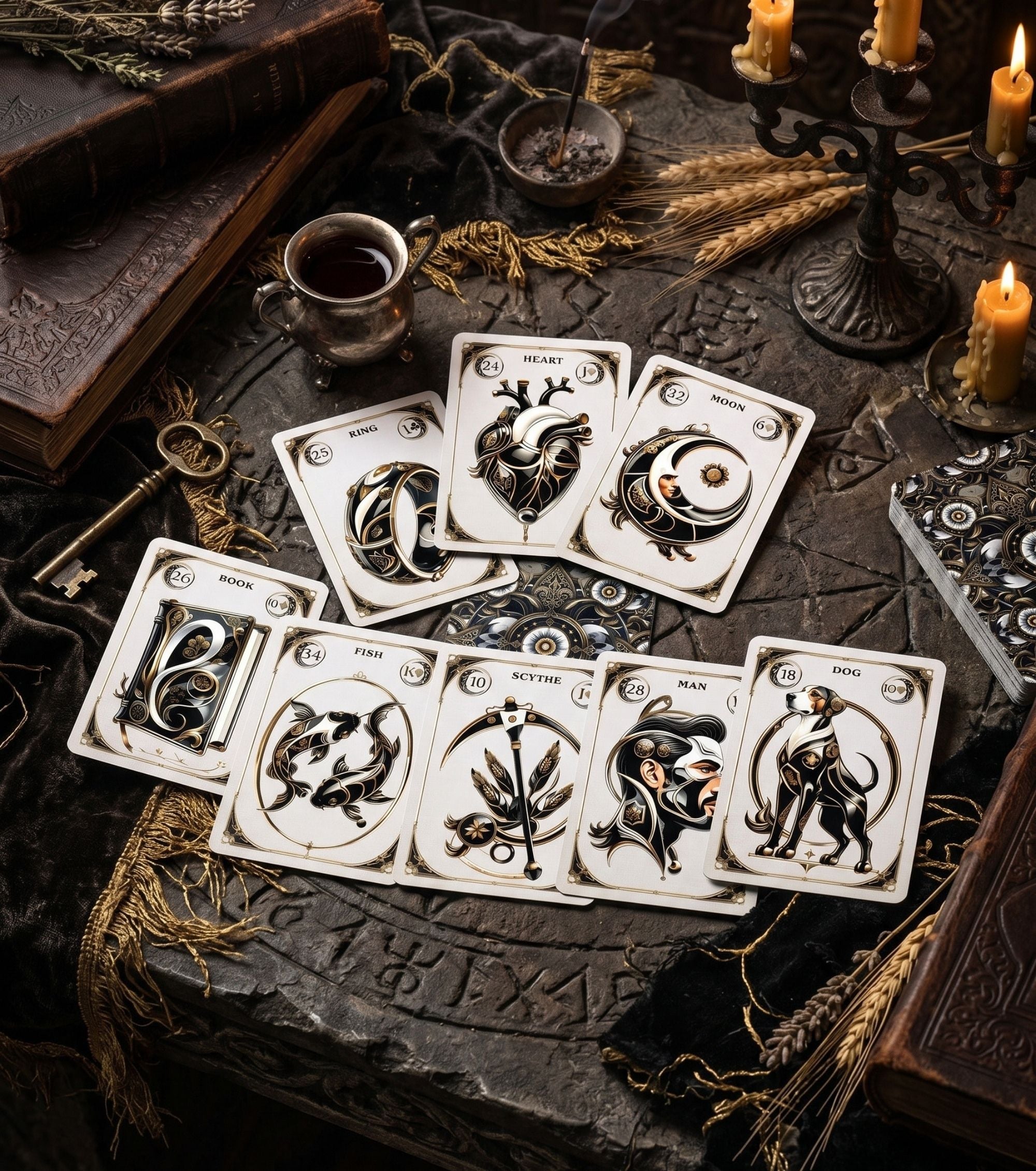Gothic Lenormand reading spread on runic stone altar with candles ancient book and gold key noir oracle cards