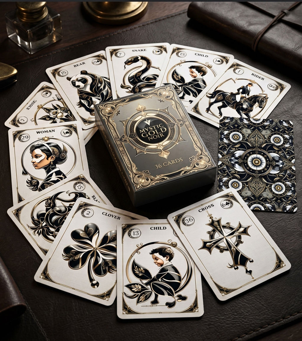 Circle spread of all Mystic Gold Noir Lenormand cards around deck box on leather showing card backs and faces