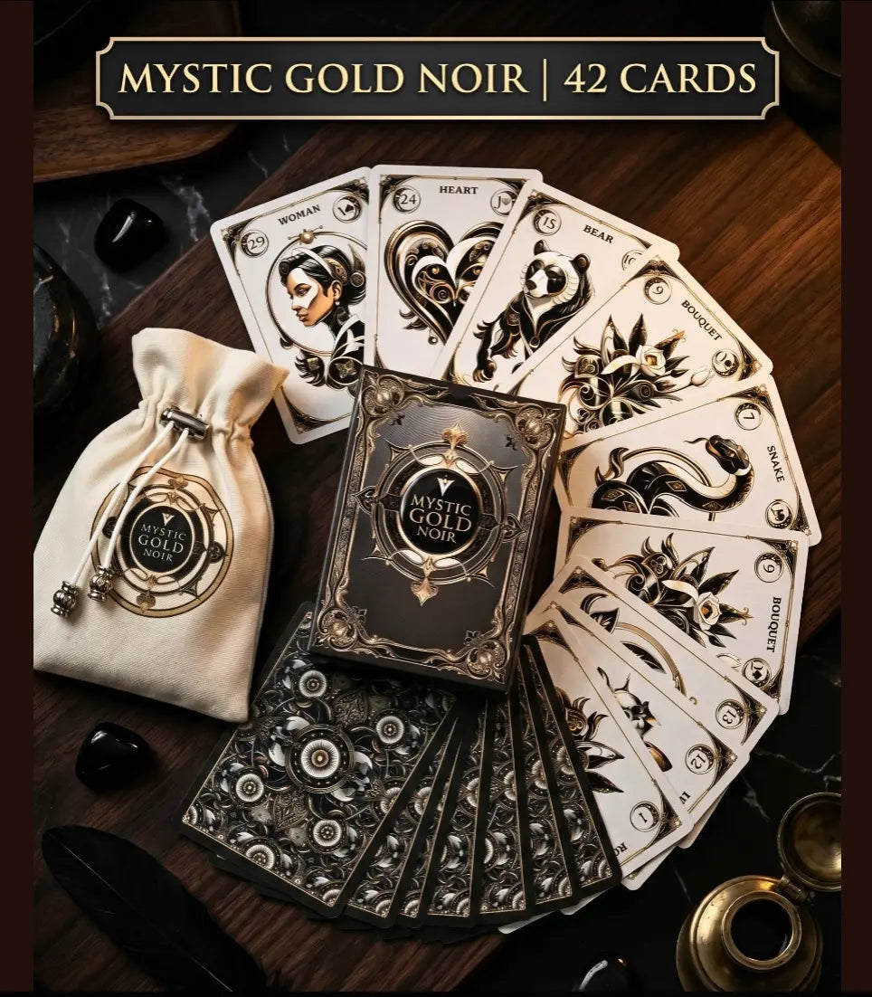 Mystic Gold Noir Lenormand deck 42 cards — black gold gothic oracle handmade Ukraine MardocCraft