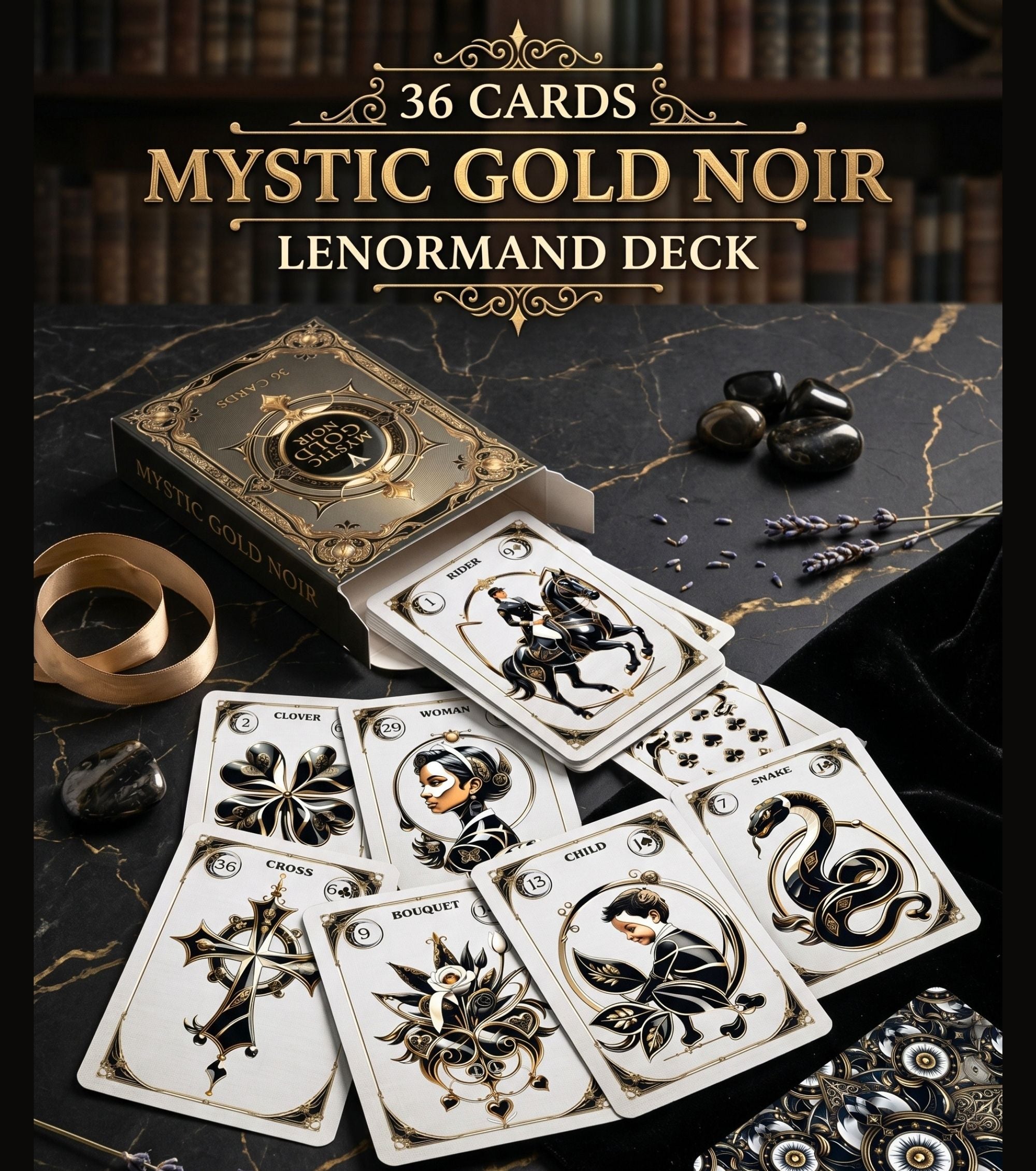 Black marble surface with Mystic Gold Noir Lenormand cards box black stones and lavender gothic oracle deck
