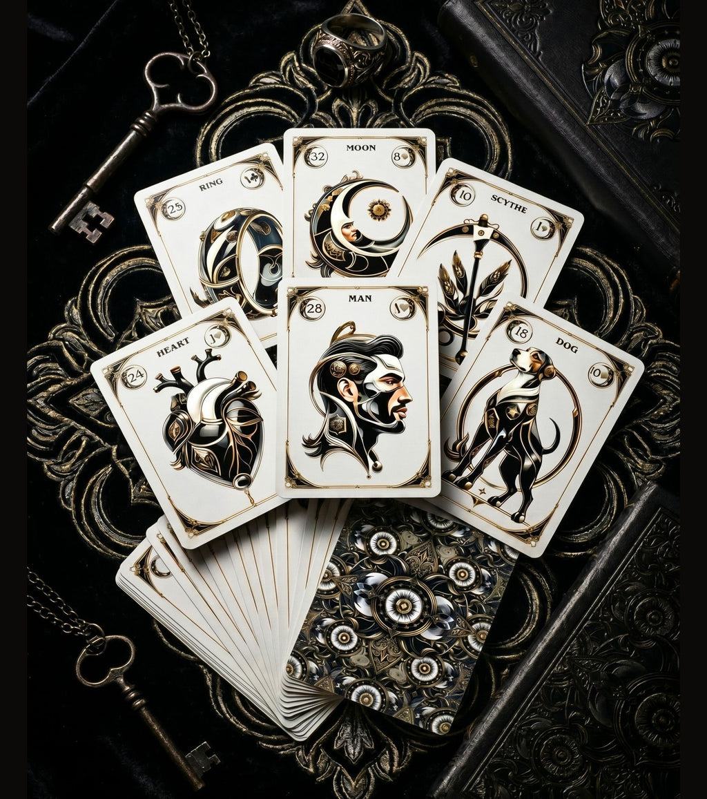 Fan of noir Lenormand cards on ornate dark tray with antique keys showing Man Moon Scythe engraving art