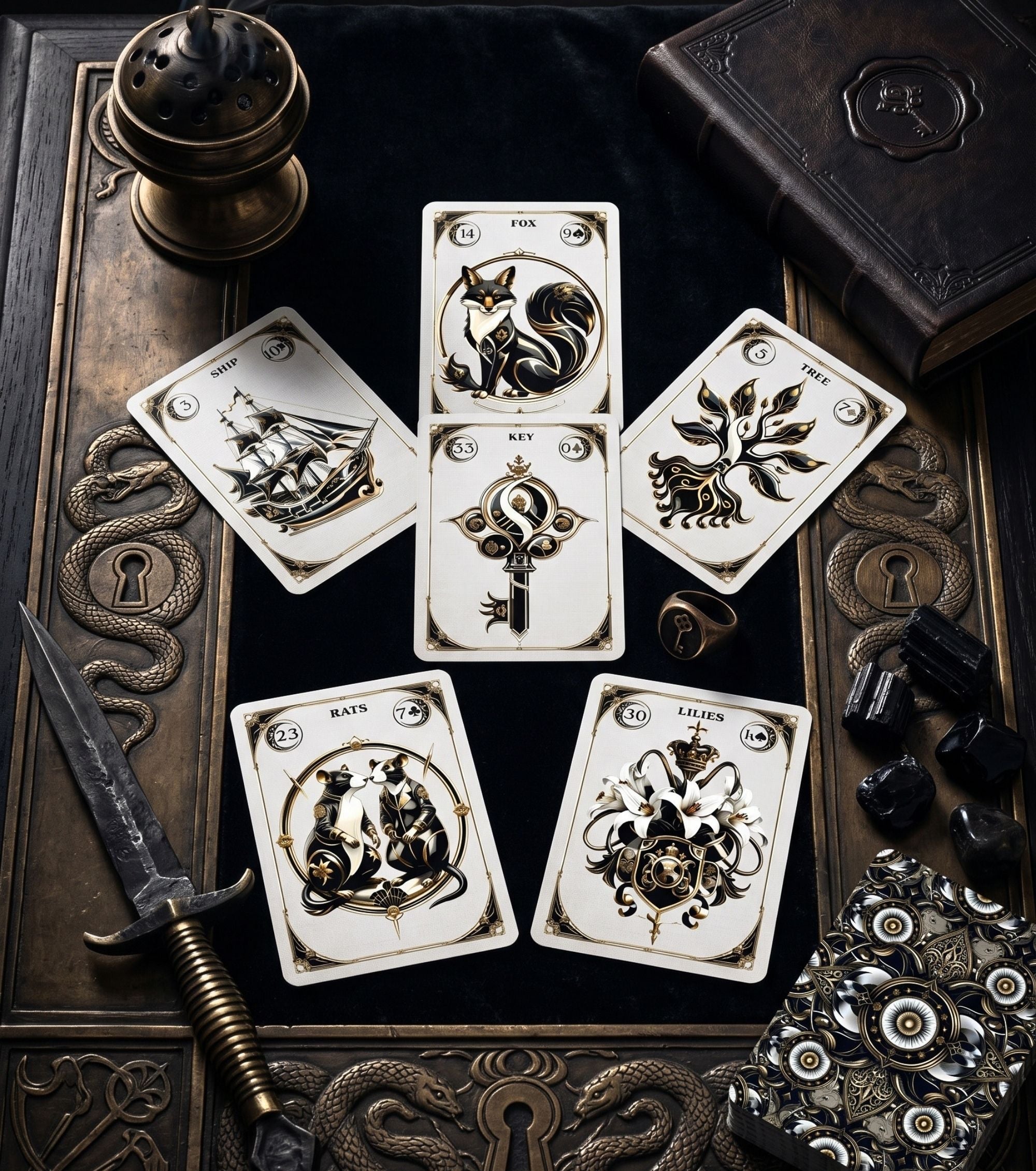 Five card cross spread with Fox Key Tree gothic Lenormand on dark metal tray with dagger and black tourmaline