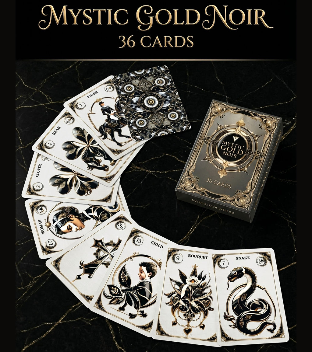 Arc spread of Mystic Gold Noir Lenormand cards on black marble with gold veins next to deck box
