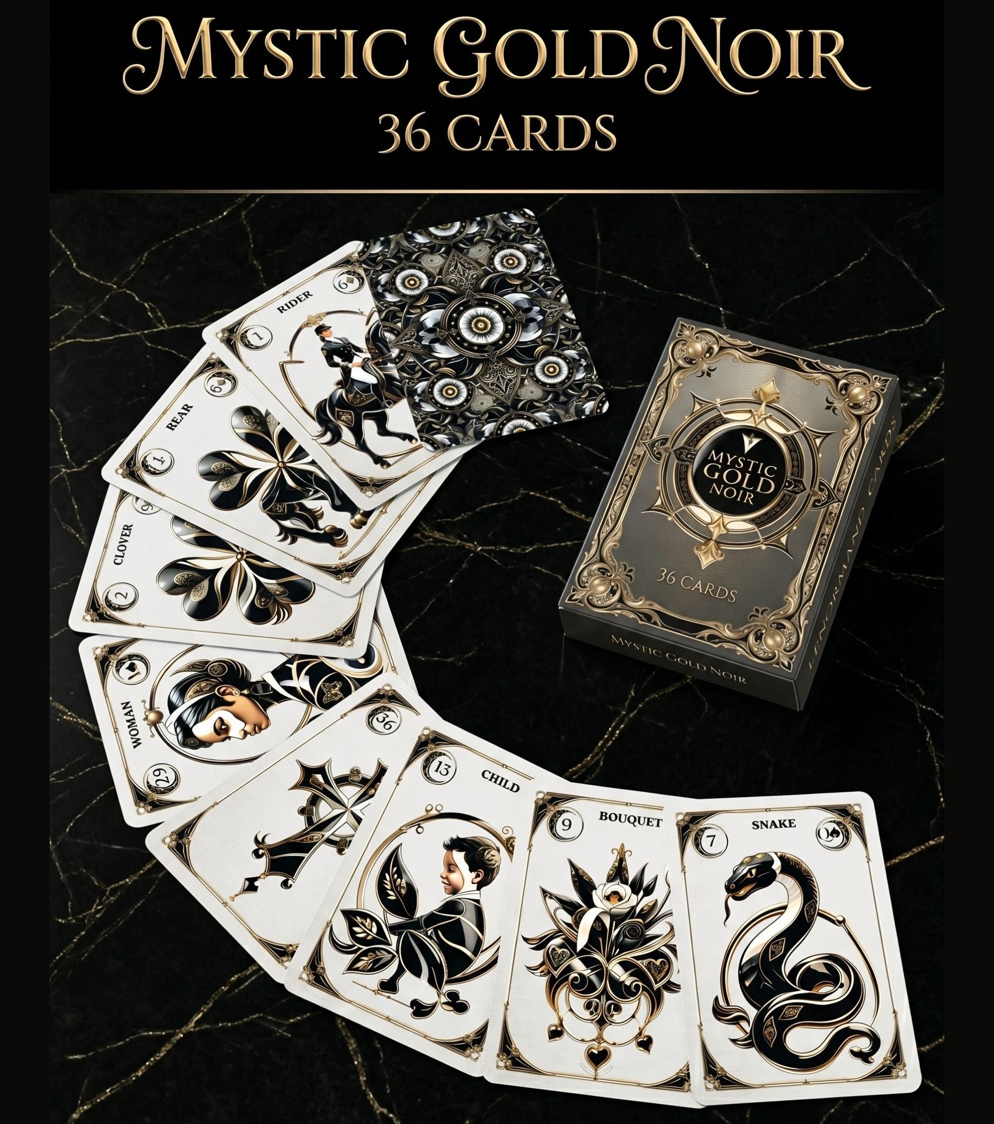 Arc spread of Mystic Gold Noir Lenormand cards on black marble with gold veins next to deck box