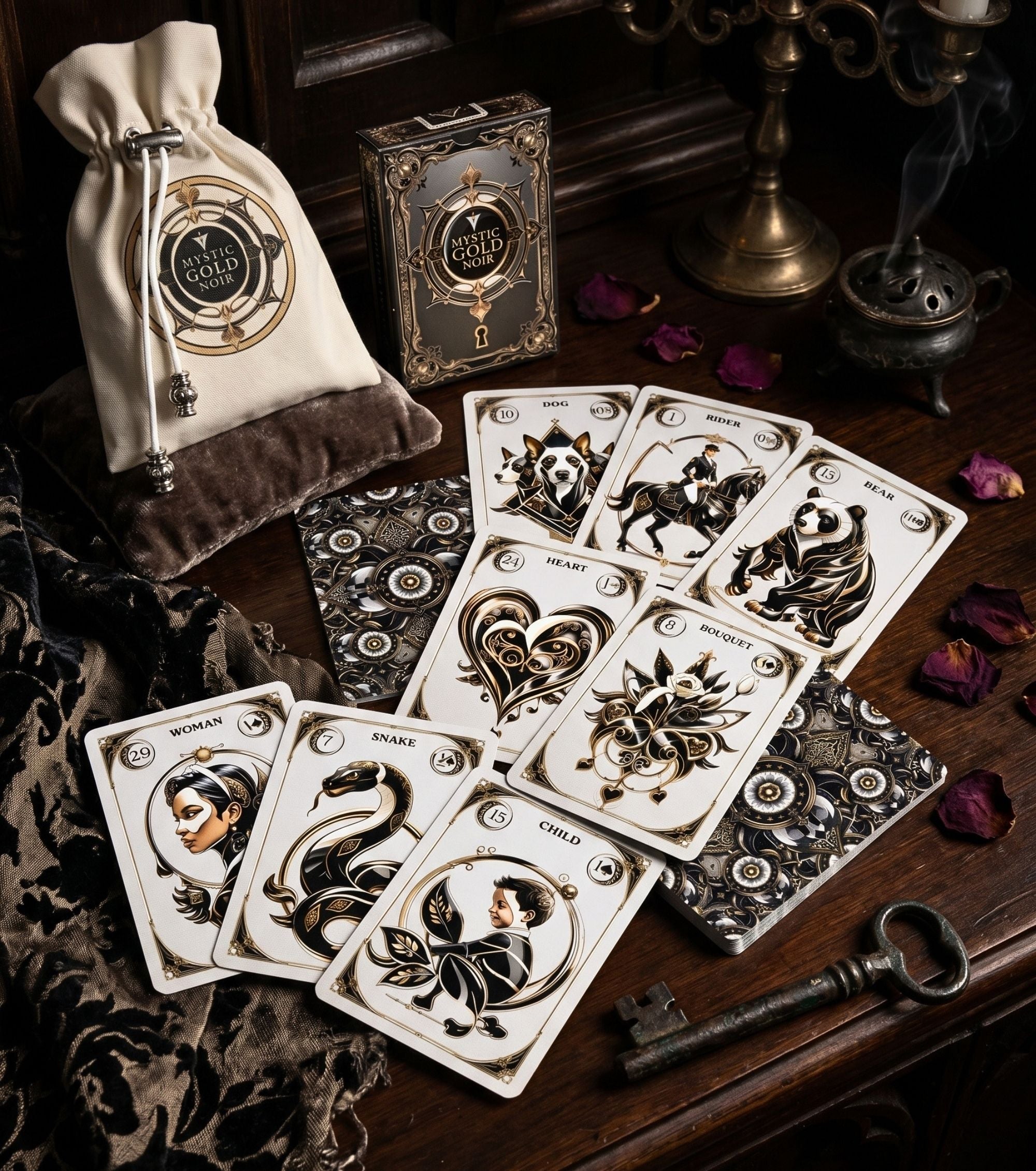 Gothic oracle set with pouch and box — Mystic Gold Noir Lenormand cards on wooden table, handmade Ukraine