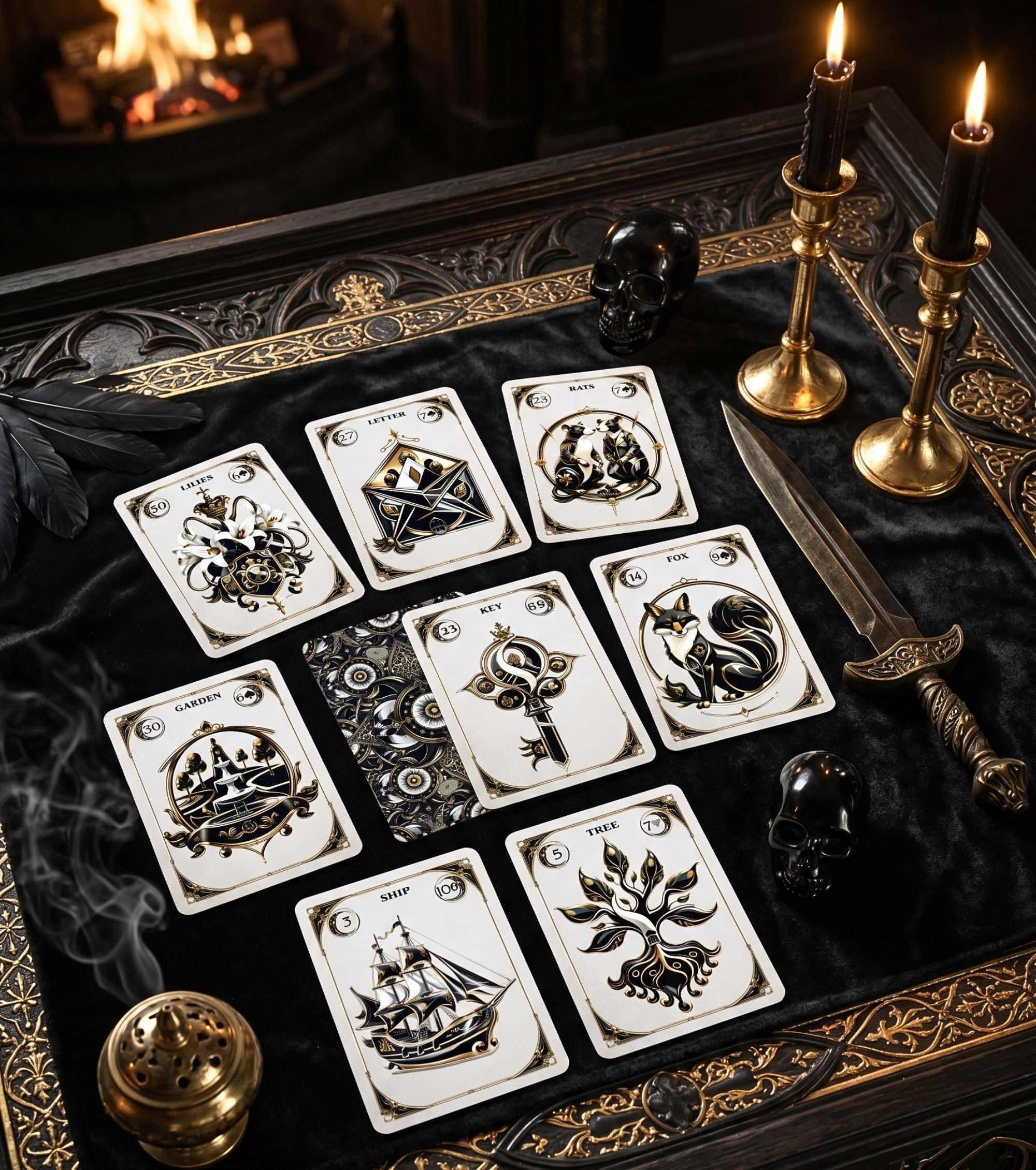 Nine card Lenormand reading on black velvet altar with brass candles dagger skulls and fireplace shadow work