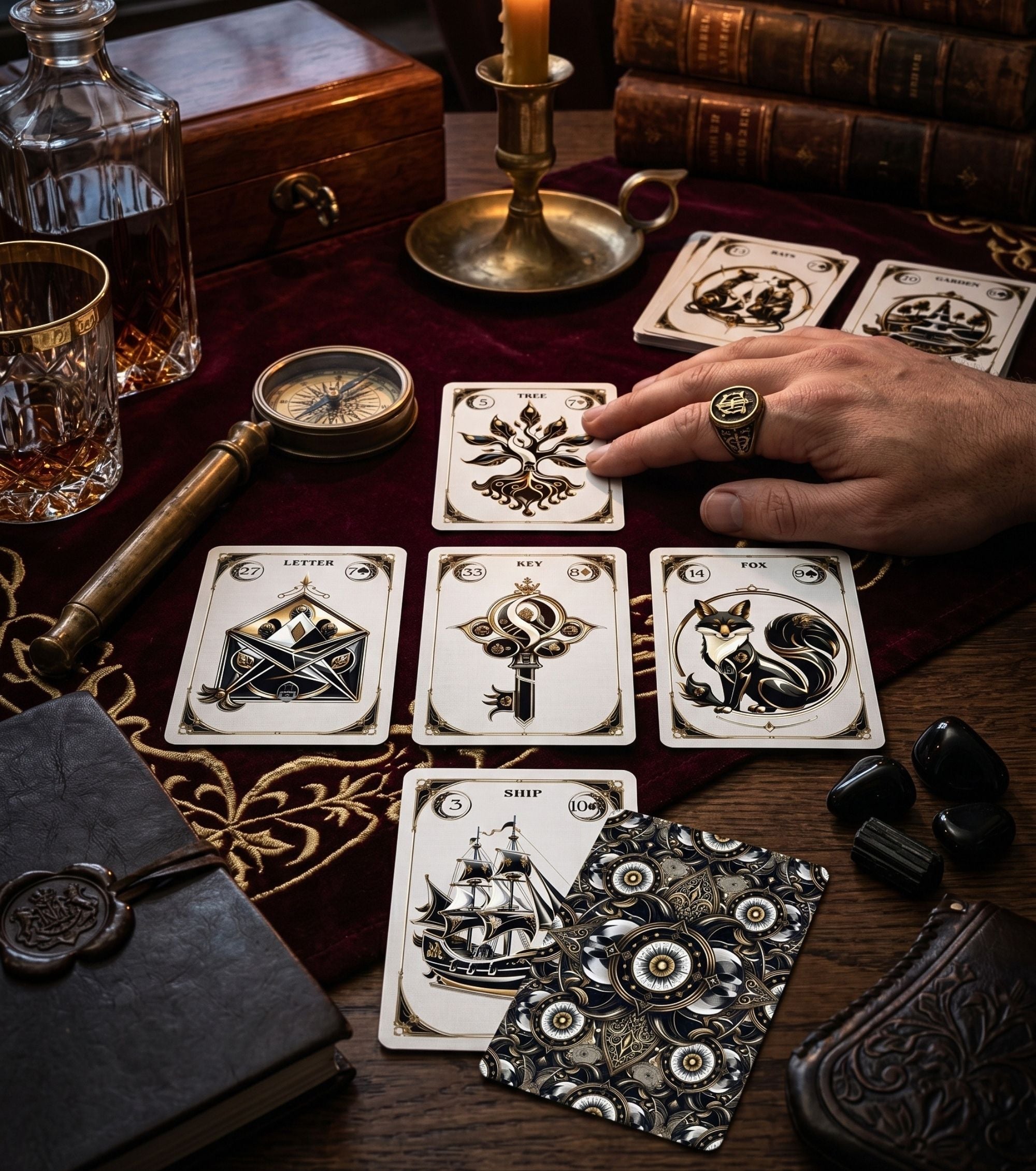 Mans hand with signet ring pointing at Tree card in gothic Lenormand reading on burgundy velvet with compass and whiskey