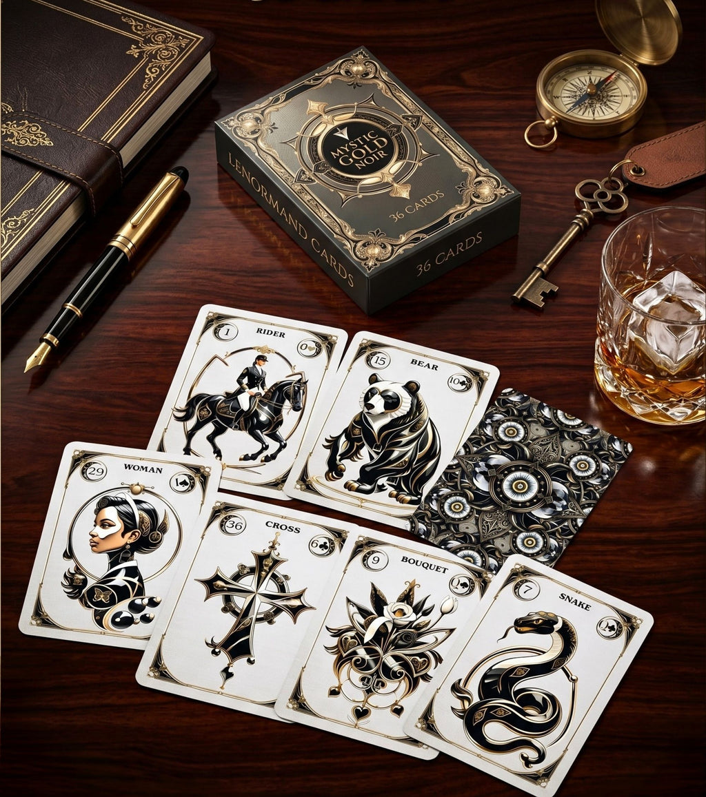 Mystic Gold Noir Lenormand deck box with cards on dark wood alongside whiskey compass fountain pen masculine oracle