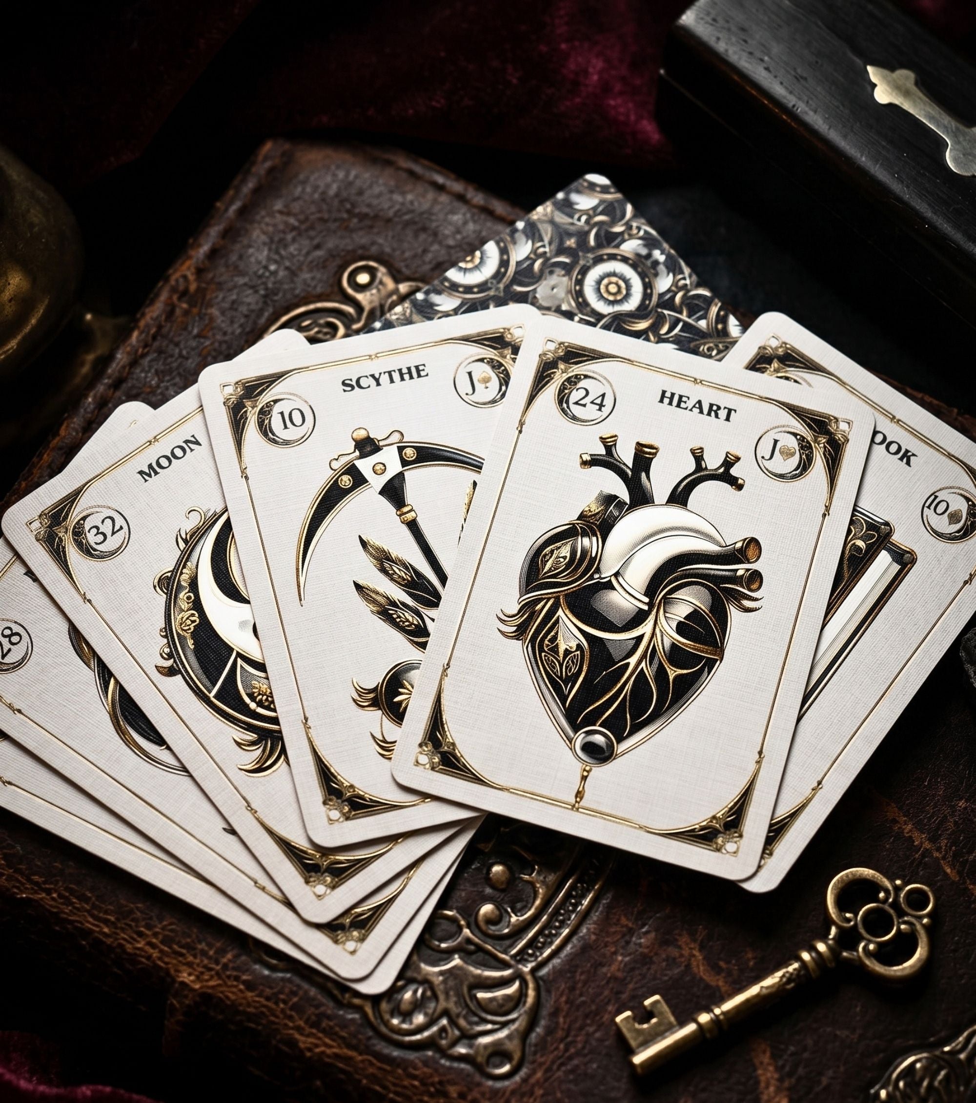Close-up of Moon, Scythe and Heart cards — Mystic Gold Noir Lenormand, black gold gothic oracle