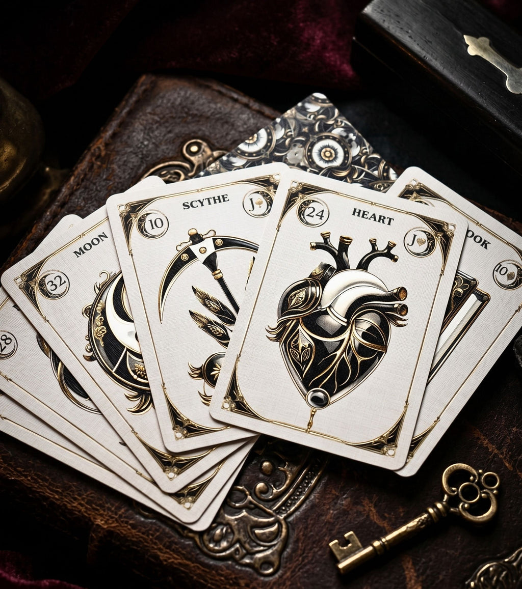 Close-up of Moon Scythe Heart Book cards from gothic Lenormand deck on leather with antique gold key