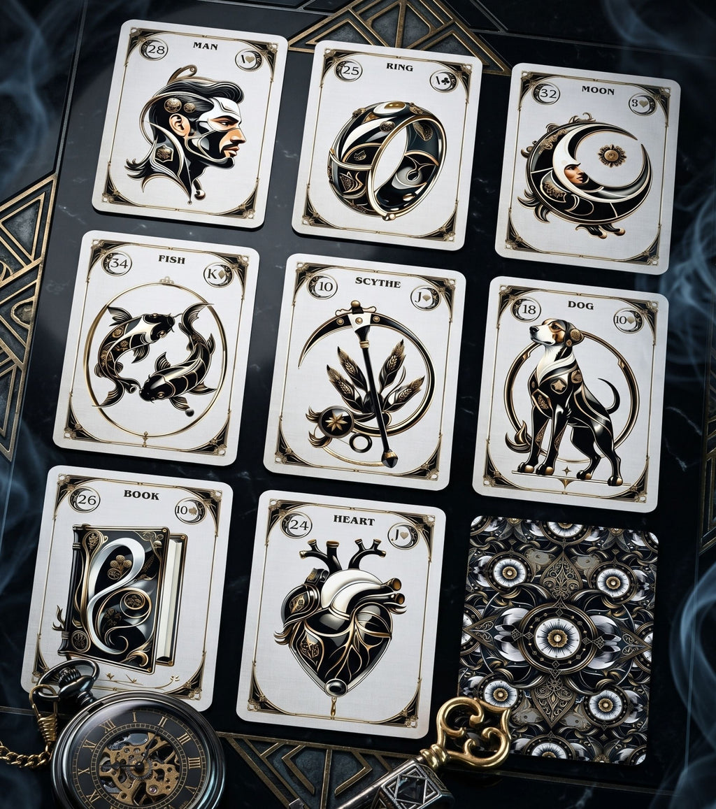 Nine card square spread Man Ring Moon Fish Scythe Dog Book Heart from noir Lenormand with pocket watch and smoke