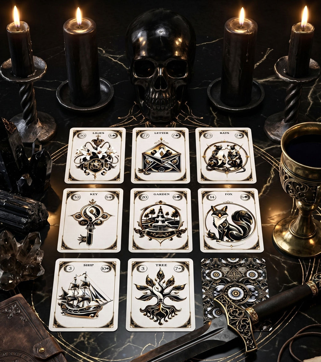 Nine card gothic Lenormand spread on black marble with black skull candles gold chalice and dark crystals