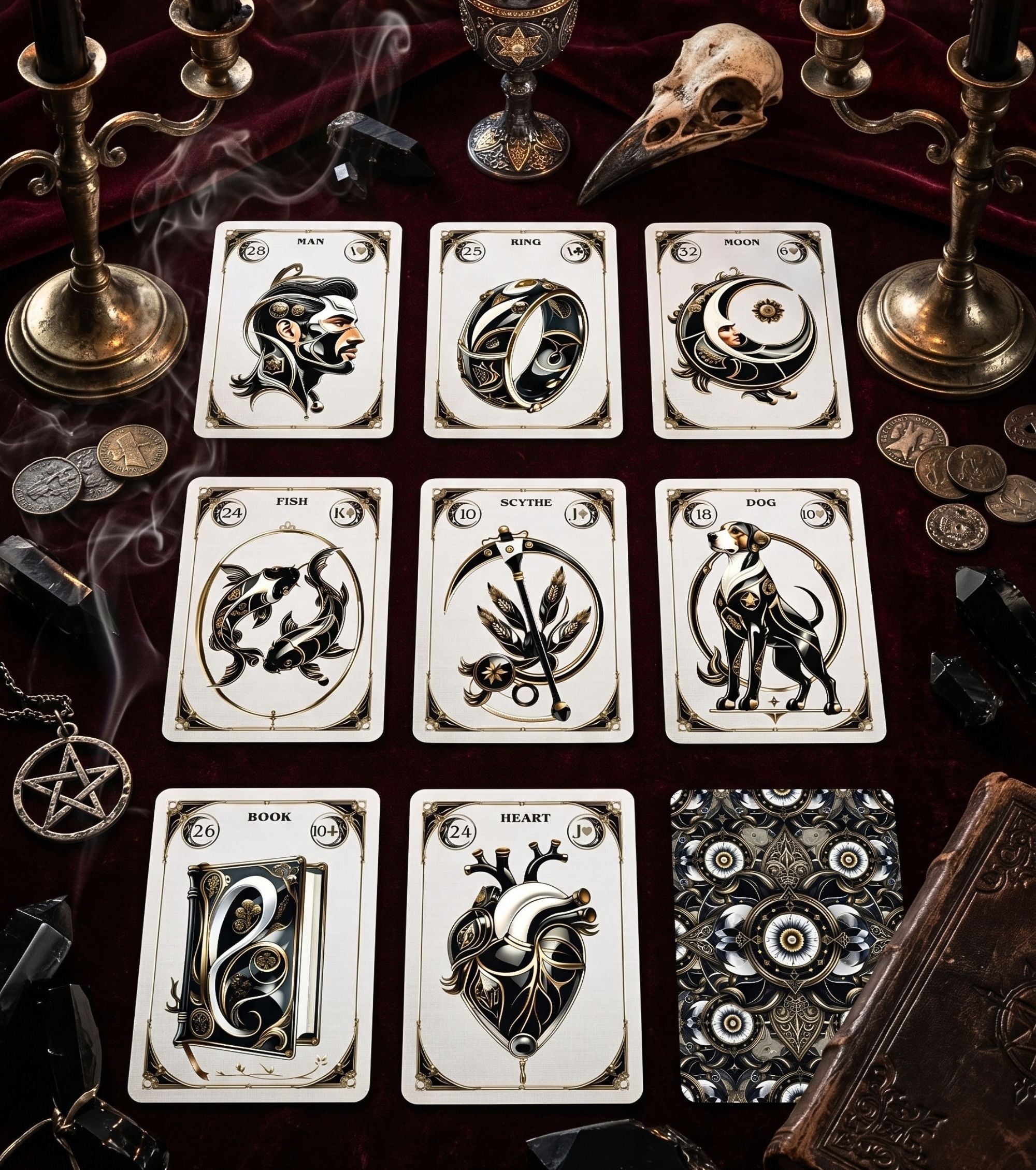 Nine Lenormand cards laid out on velvet altar — Mystic Gold Noir oracle, black gold Art Nouveau illustration