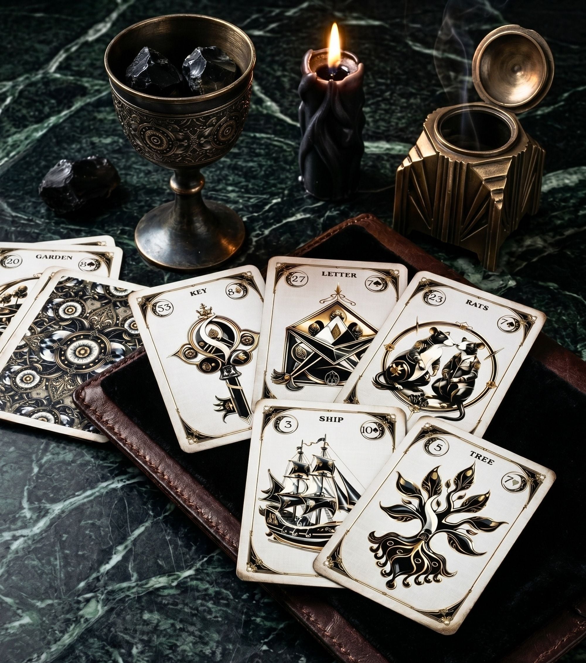 Key Letter Ship Tree Lenormand cards on green marble with bronze chalice black candle and incense gothic oracle